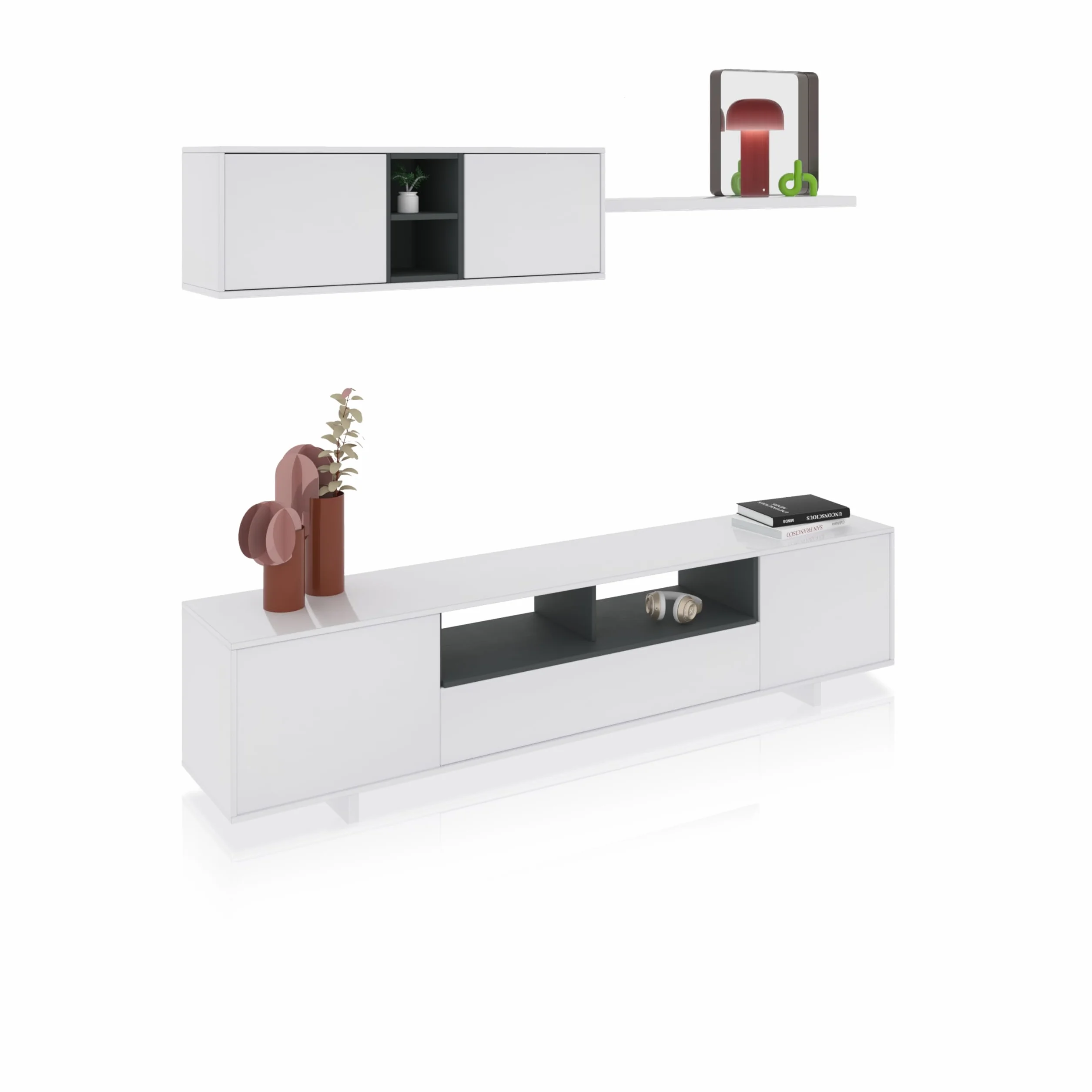 duehome | Mueble de Salon Moderno, Modulos Comedor, Modelo Kenzo, Acabado en Blanco Brillo y Gris Antracita, Medidas: 200 cm (Ancho) x 41 cm (Fondo) x 46 cm (Alto)