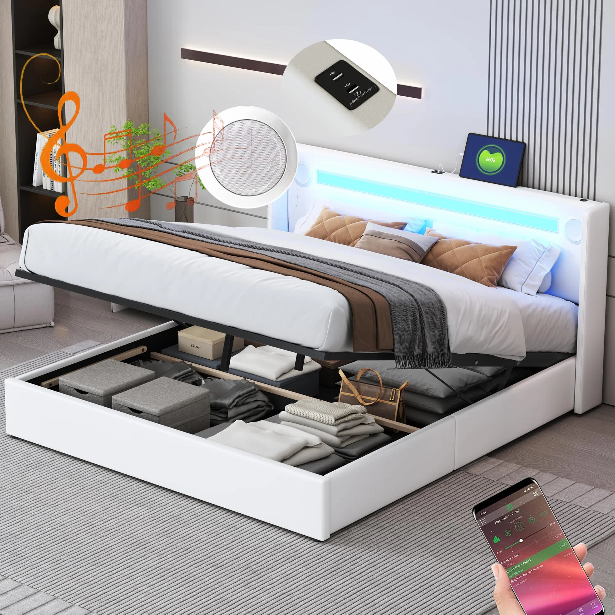 Merax Cama tapizada de 160 x 200 cm con tiras de luz LED, espacio de almacenamiento doble con reproductor Bluetooth y carga USB, para jóvenes y adultos, piel sintética blanca (sin colchón)