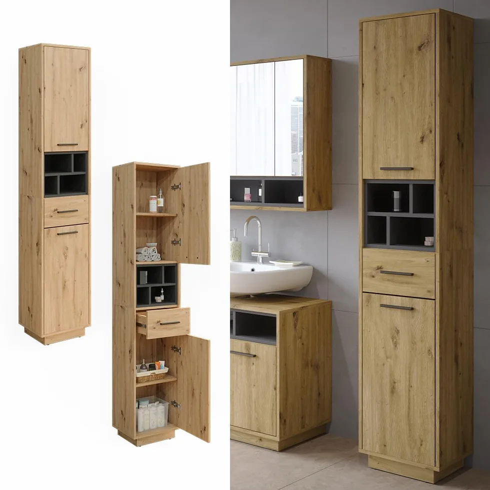 Vicco Armario de baño Beatrice, Roble Artesanal/Antracita, 38 x 190 cm con Puertas, cajón, para el Almacenamiento de artículos de baño y Compatible con Beatrice