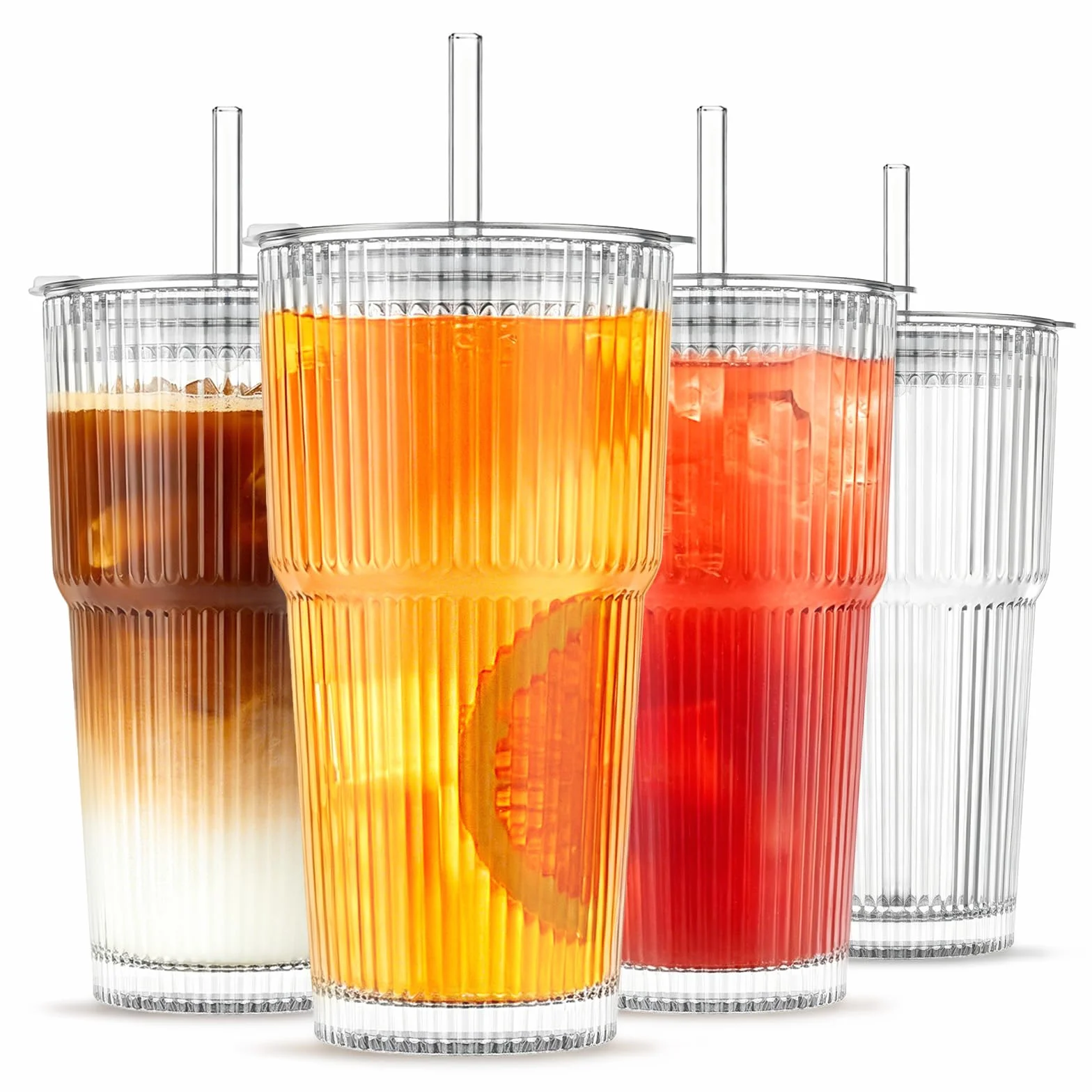 INSETLAN Vasos de vidrio acanalado de 20 onzas con tapas y popotes de vidrio, juego de cristalería de 4 piezas, pared gruesa, ideal para café helado, batidos, cócteles y jugos, vasos elegantes y