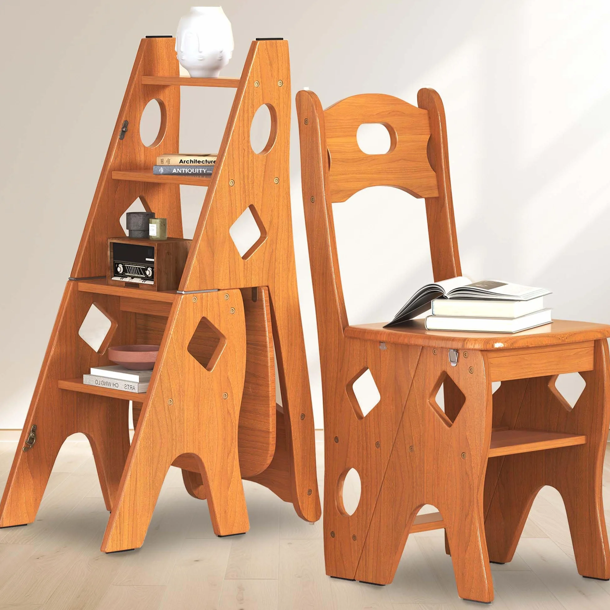 Silla plegable de madera maciza, taburete plegable en 4 niveles hasta 180 kg, 4 niveles de escalón, soporte para flores, color marrón, 46 x 34 x 87 cm