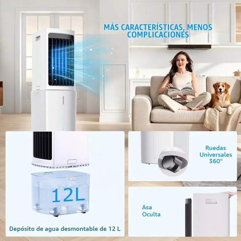 12L Enfriador De Aire PortáTil, 3 Velocidades, Aire Acondicionado PortáTil con Control Remoto, Temporizador De 7,5h, DepóSito De Agua ExtraíBle, Climatizador Evaporativo para Casa Oficina