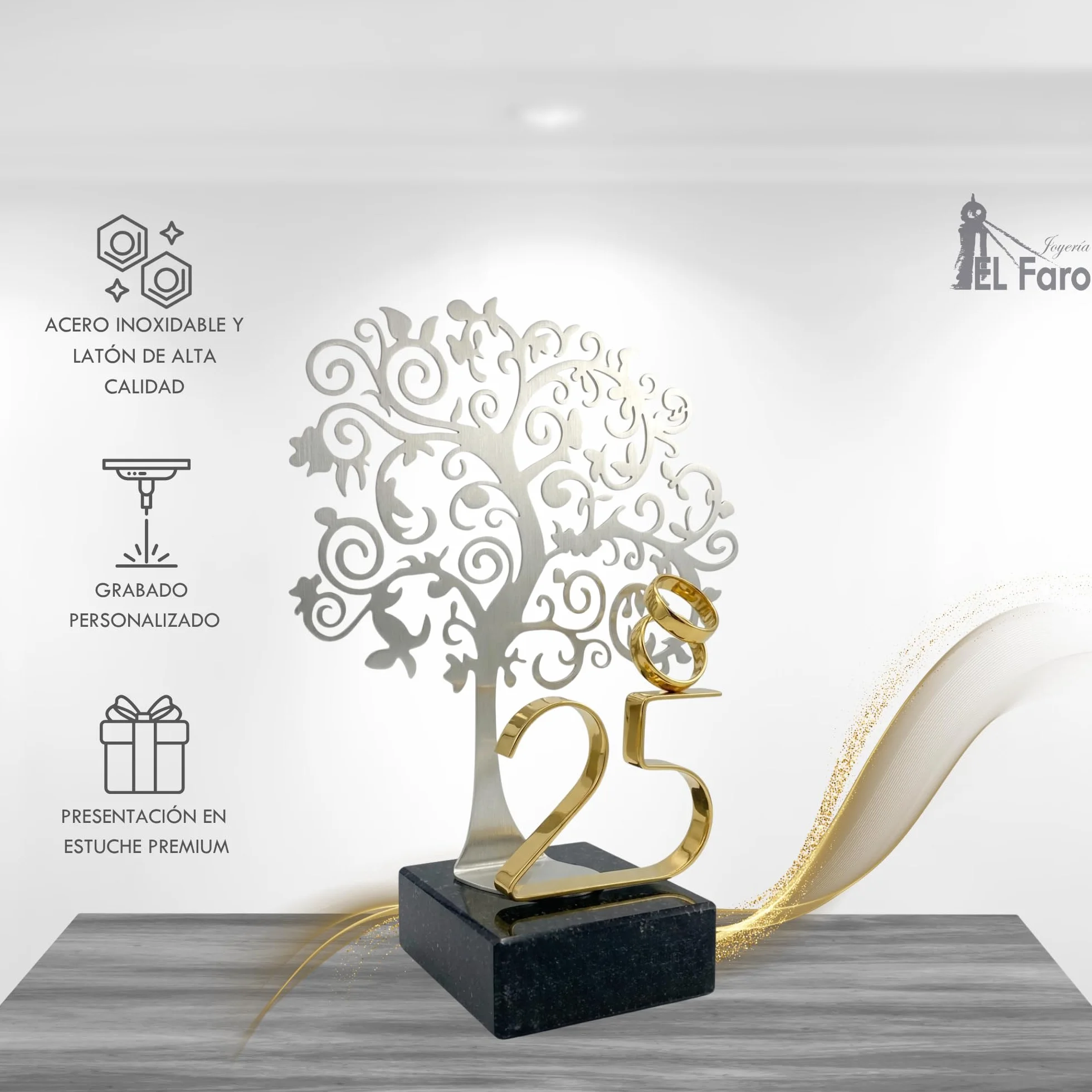 JOYERIA EL FARO | Grabado Personalizado | Presentación en Estuche Premium | Celebra vuestros años de Amor Juntos (25 Aniversario, 22 x 19 cm)