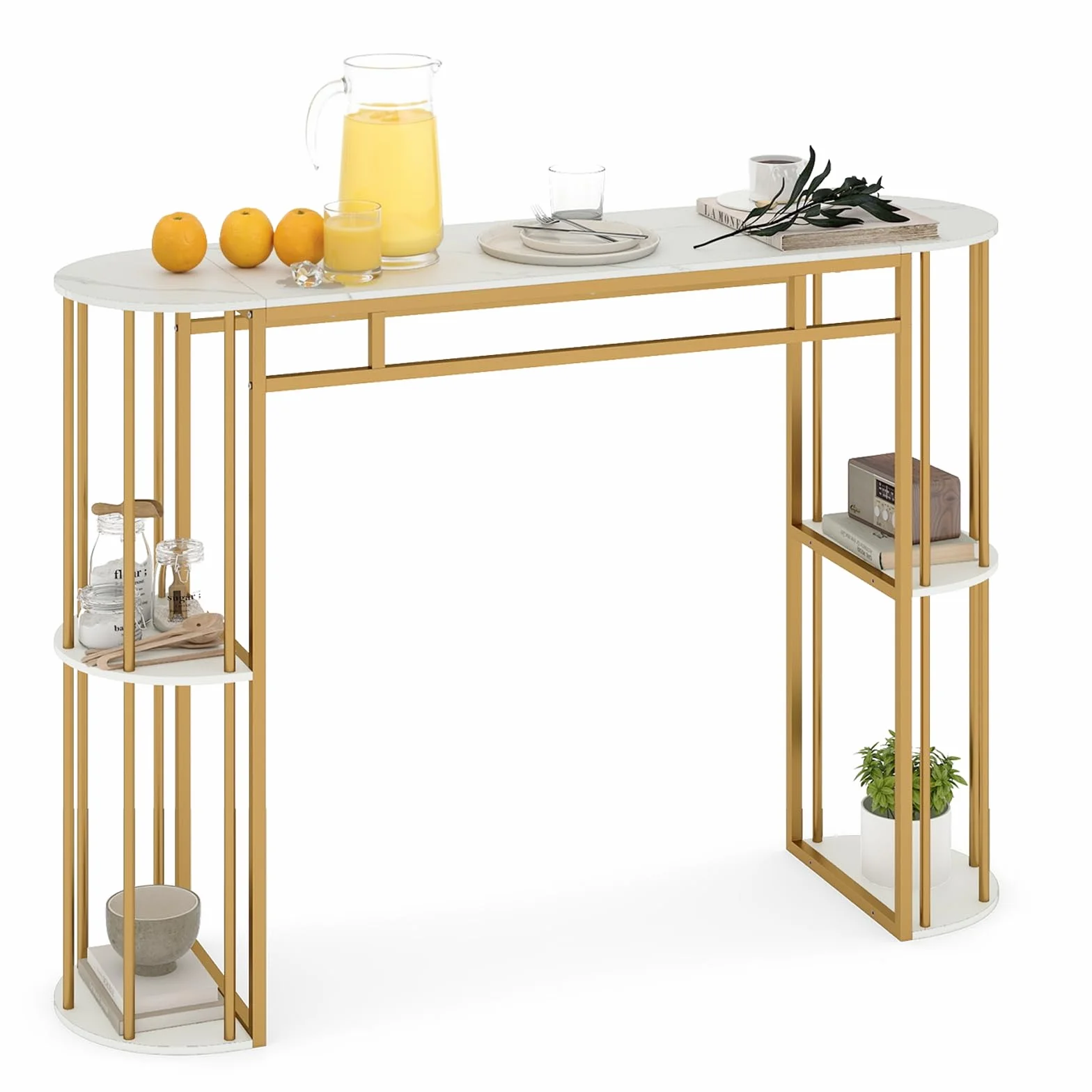 COSTWAY Mesa Alta de Cocina, Mesa Alta de Bar Rectangular con Estantes de Almacenamiento, Estructura Metálica, Encimera Efecto Mármol, Barra Estrecha para Cocina, Bar, 150x40x105 cm (Dorado y Blanco)