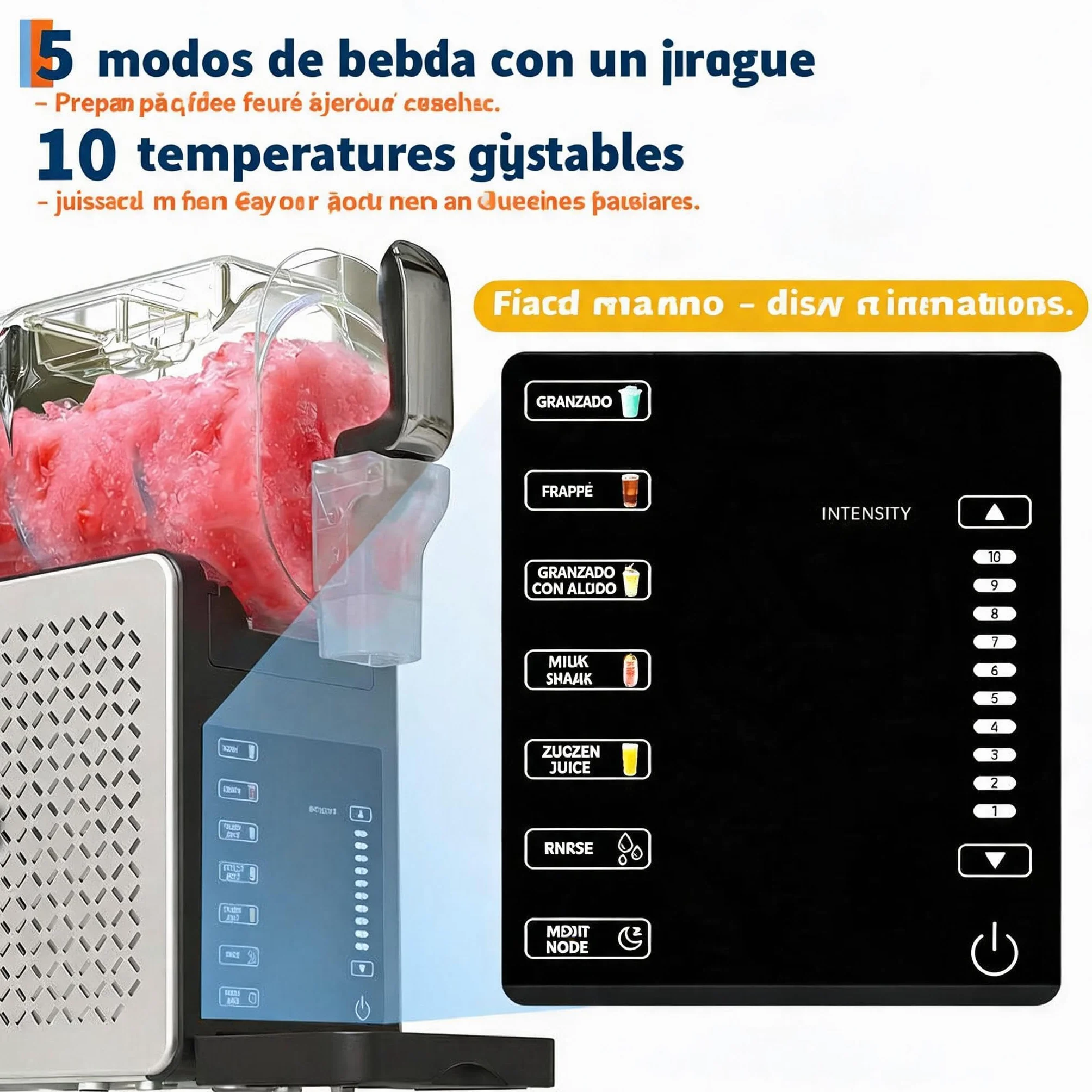 Máquina de granizados 1,9L - 5 programas automáticos - Pantalla LED - 200W, 120V/60Hz - Autolimpieza y bandeja de goteo 400ml - Funcionamiento silencioso (<45dB) - Mantiene bebidas frías hasta