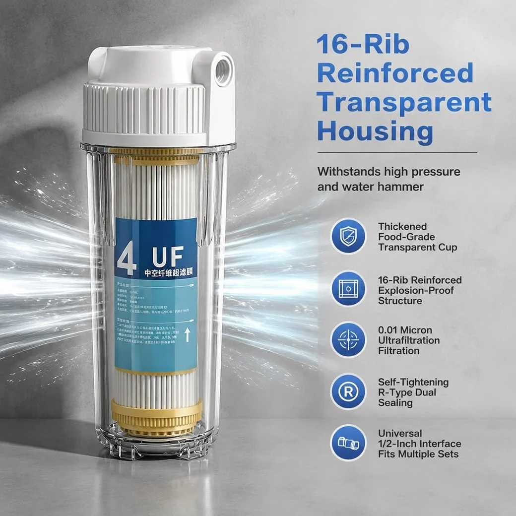 3 Carcasas Filtro Transparentes Compatibles 10" Con Cartuchos Membrana UF Fibra Hueca,0,01 Micras,conectores 1/2", Prefiltración Universal Sistemas Agua Residenciales