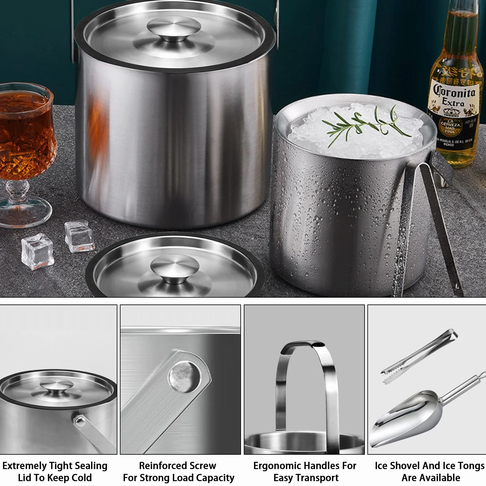 Cubierta de Acero Inoxidable,4L Cubiteras Acero Inoxidable,Cubitera Hielo de Acero Inoxidable con Tapa,Cuchara,Pinzas y Colador,Cubo de Hielo de Acero Inoxidable con Aislamiento de Doble Pared