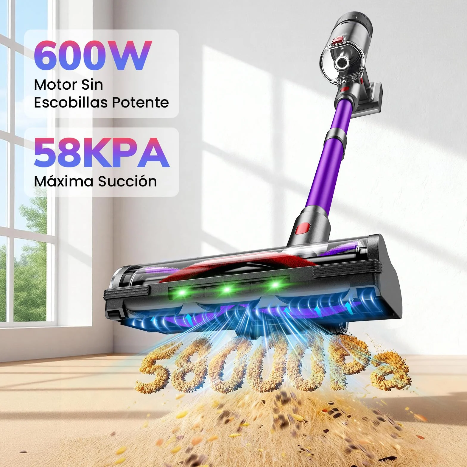 Aspiradora Sin Cable 58000Pa/600W/75Min, Escoba Aspiradora sin Cable de 1.6L, Pantalla Táctil LED Inteligente, Aspirador Inalámbrico Antienredo, Ideal para Suelos, Alfombras y Pelo de Mascotas