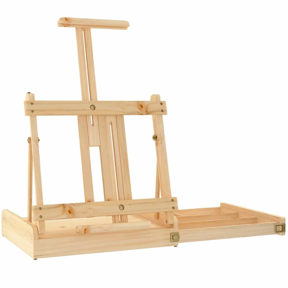 Caballete de mesa con cajón de madera maciza de pino 41,5 x 37 x 12 cm, altura regulable y plegable para lienzo de hasta 87,5 cm, móvil para atelier, taller y clases