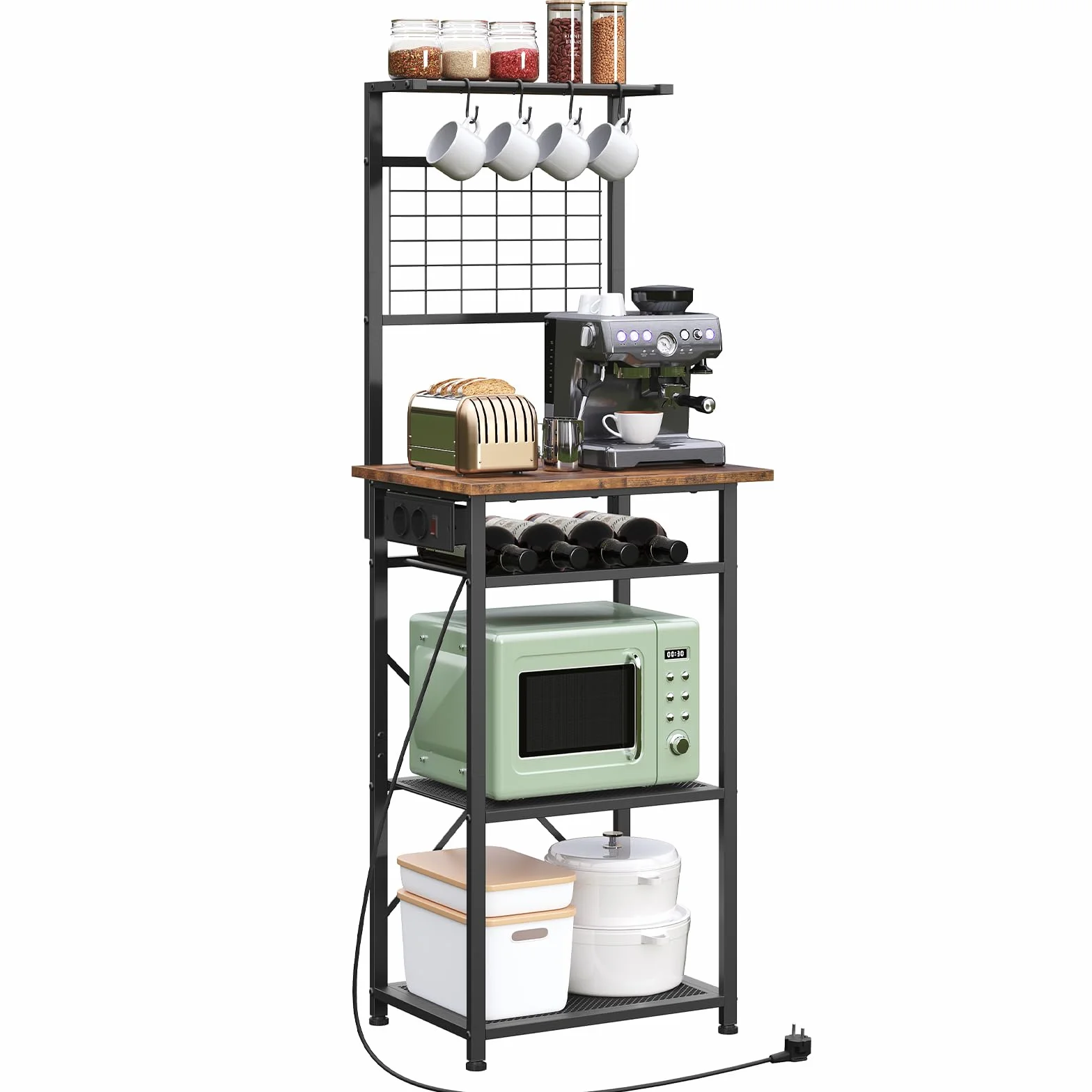 MAHANCRIS Estante para Panadería, Estantería de Cocina para Microondas con Base de Carga, Estante para Cafetera, 2 Enchufes y 1 Interruptor de Encendido, Marrón Vintage y Negro ABRHR23UE01