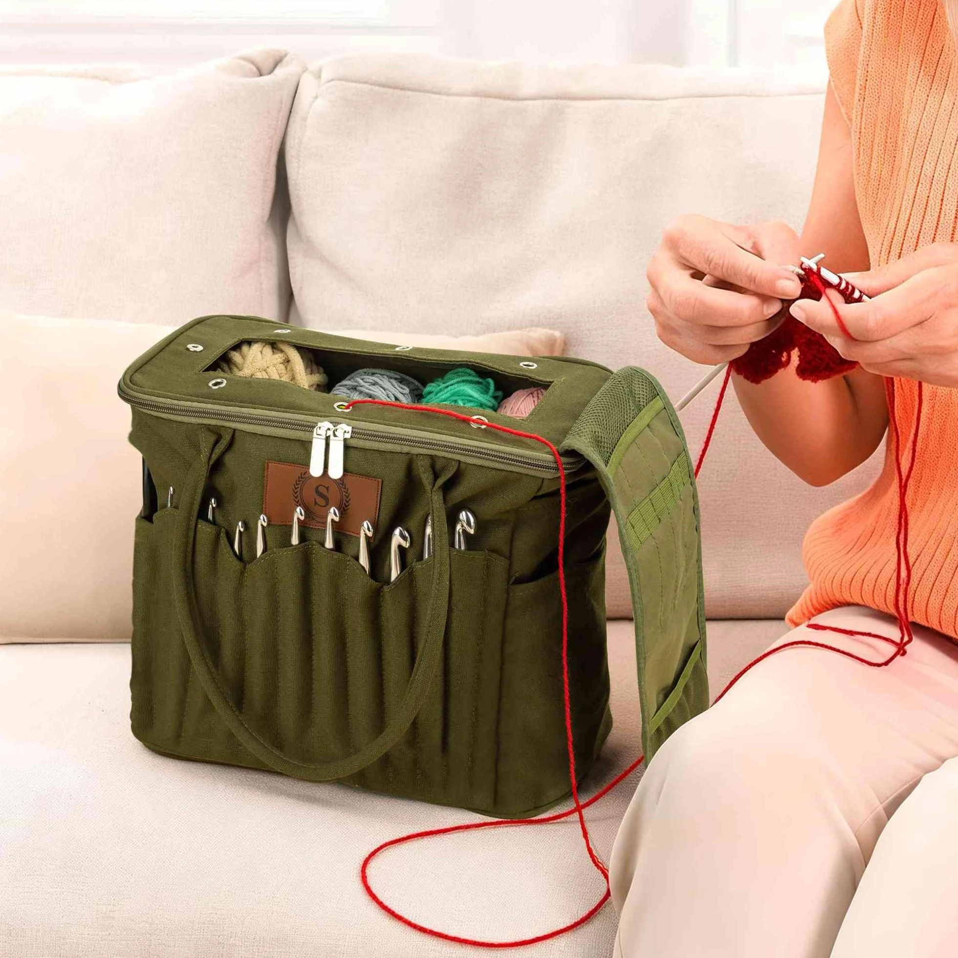 Bolsa de almacenamiento personalizada para tejer para mujer, bolsa de hilo de lona grande, organizador de ganchillo, bolsa de viaje portátil con bolsillos para agujas, estuche de ganchillo, regalo de