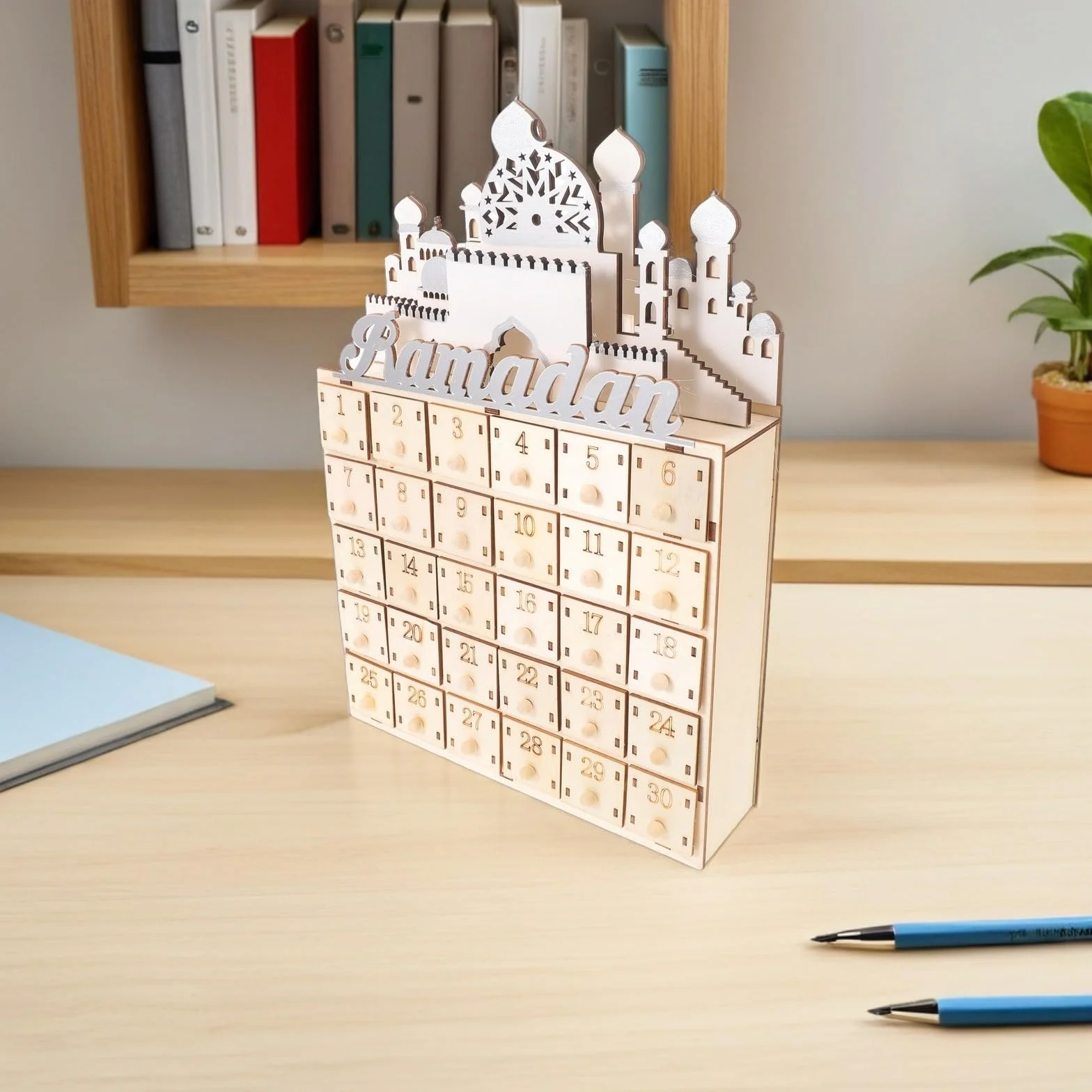 STOBAZA Calendario de Cuenta Regresiva para Ramadán con 30 Cajones de Madera y Luz Led, Decoración Beige Hogar y Festival de Eid Mubarak