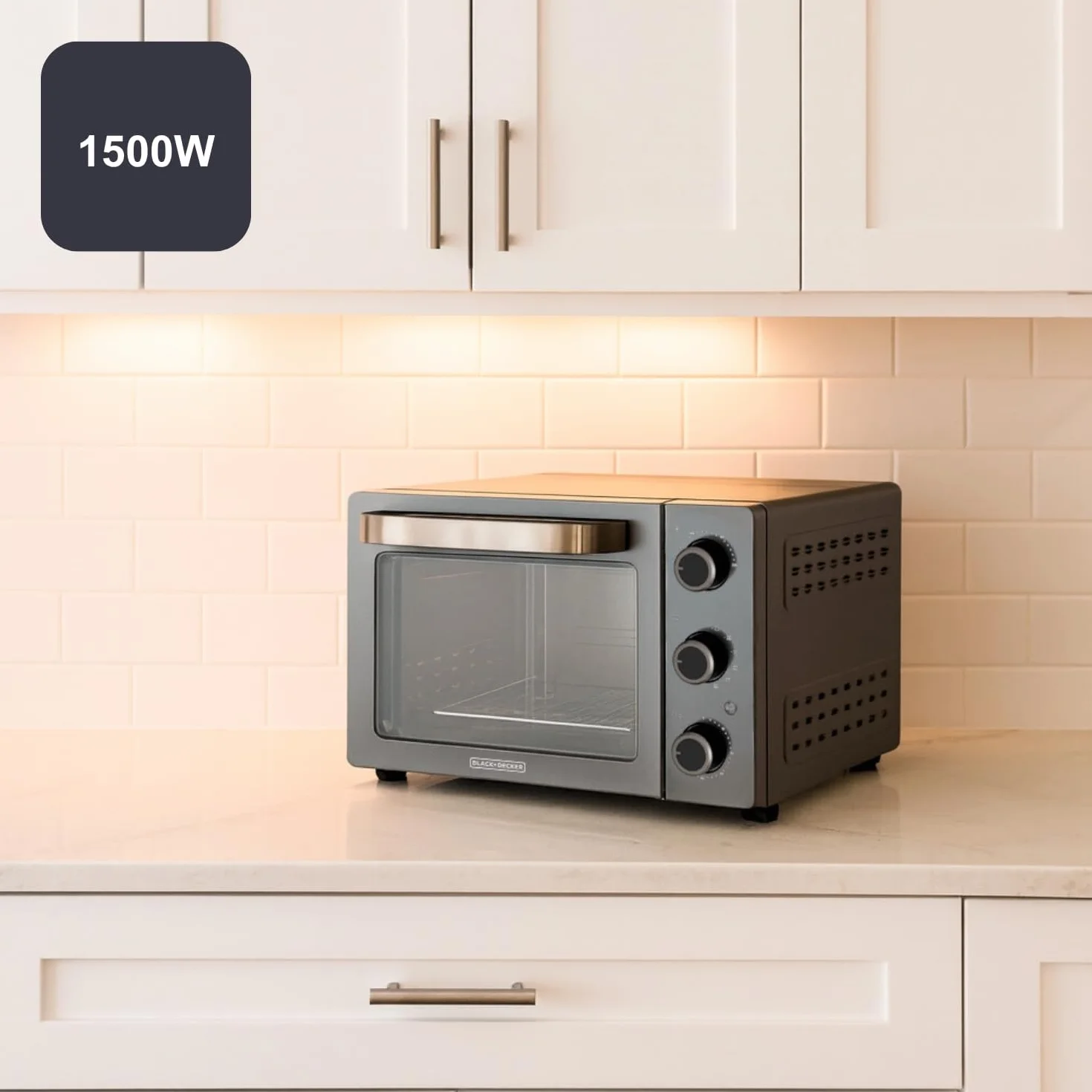 Black+Decker – Horno de sobremesa eléctrico BXOV3000E | 1500W | 30L | Grill | Superior | Convección | Timer 90 min | STAY ON | Doble cristal | Luz interior | Bandeja recogemigas | Rustidor