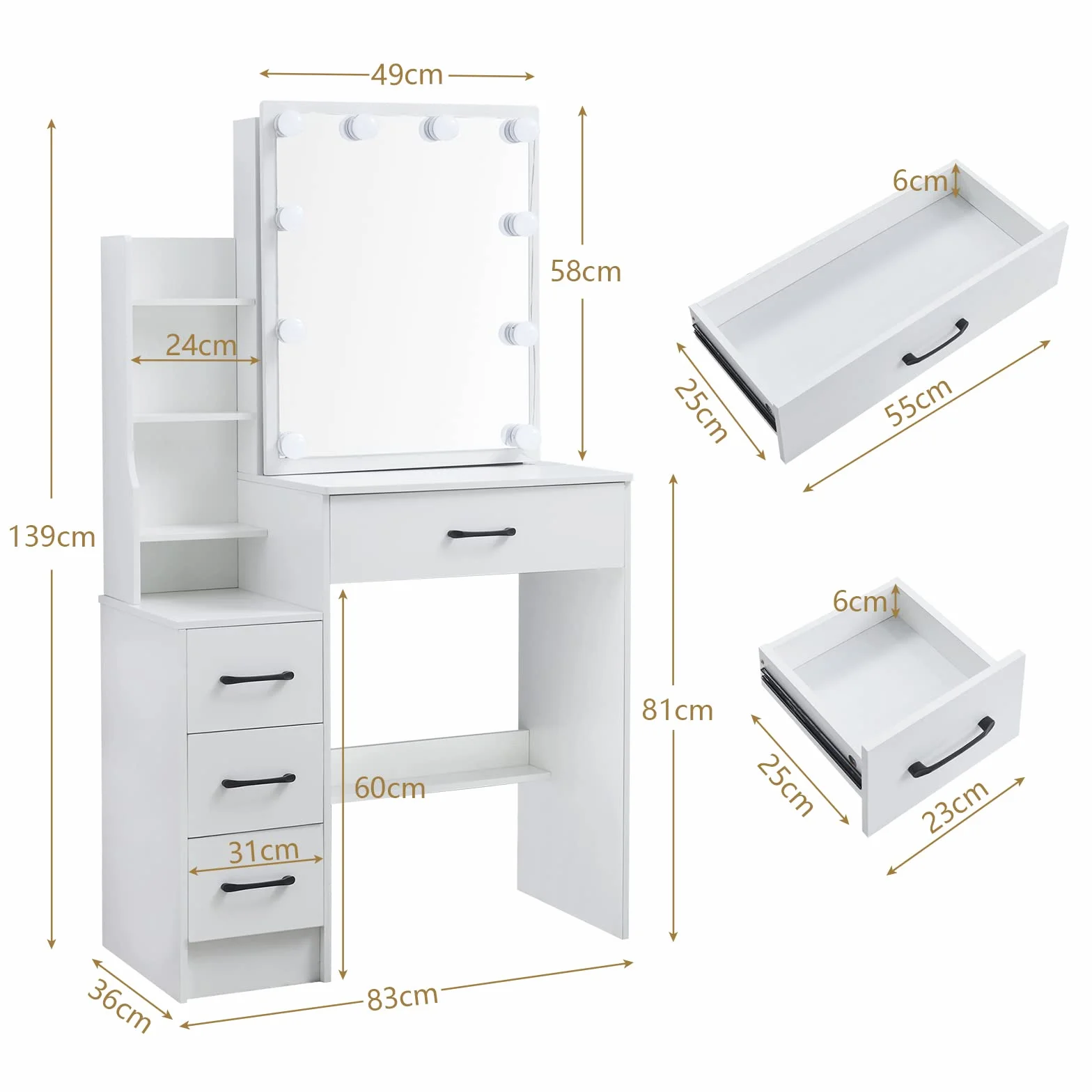 Tocador con iluminación y taburete, mesa de maquillaje con color de luz y brillo ajustables, mueble de cosméticos con 6 cajones y 6 compartimentos de almacenamiento para dormitorio