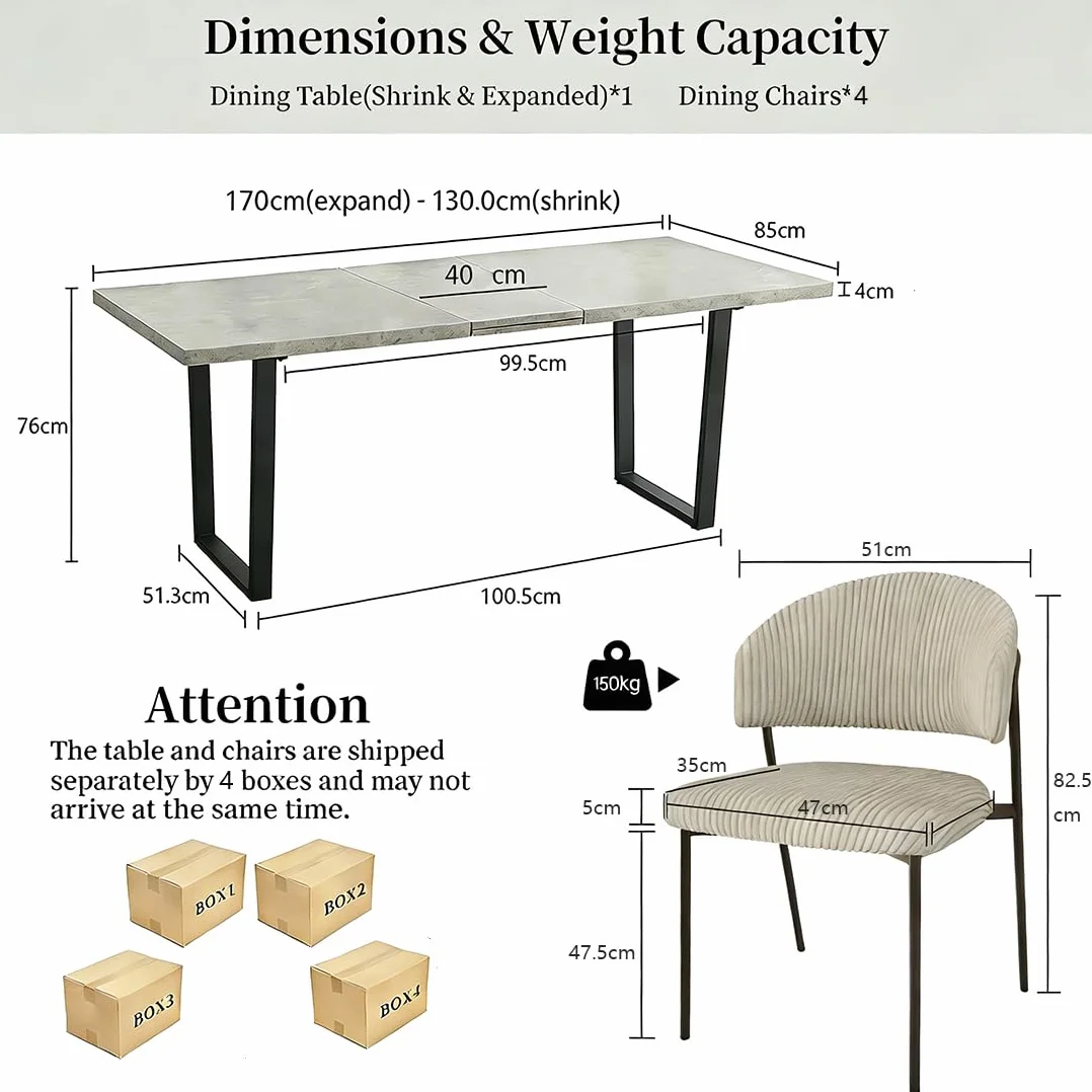 JIEXI Juego de 4 mesas de Comedor Extensibles de 130 x 170 cm, 4 sillas de Pana, Tablero Rectangular de MDF de Cemento, Estilo Moderno y contemporáneo para Comedor y Cocina