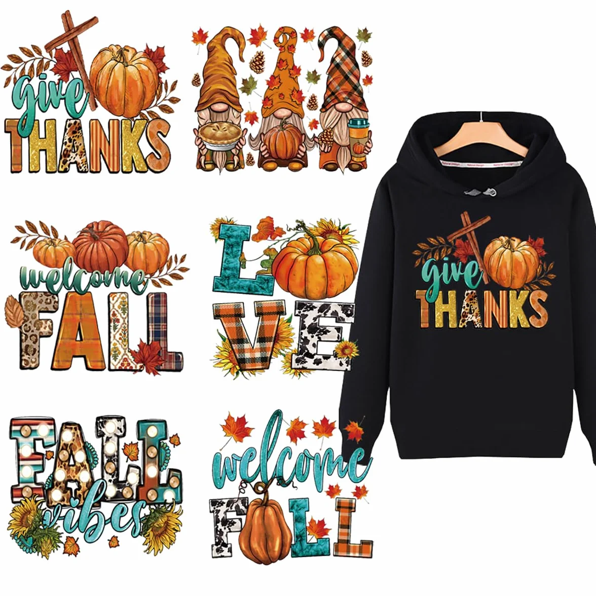 Parches termoadhesivos para ropa de Acción de Gracias de otoño, transferencias de plancha de calabaza, hoja de arce, gnomo, HTV, calcomanías de transferencia de calor para camisetas, ropa, decoración