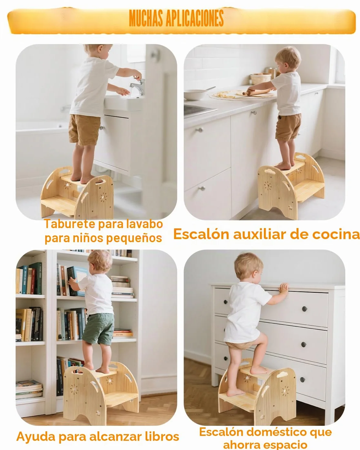 Taburete infantil de madera de 2 niveles, antideslizante, con asa, capacidad de carga de 200 kg, para cocina y baño a partir de 3 años