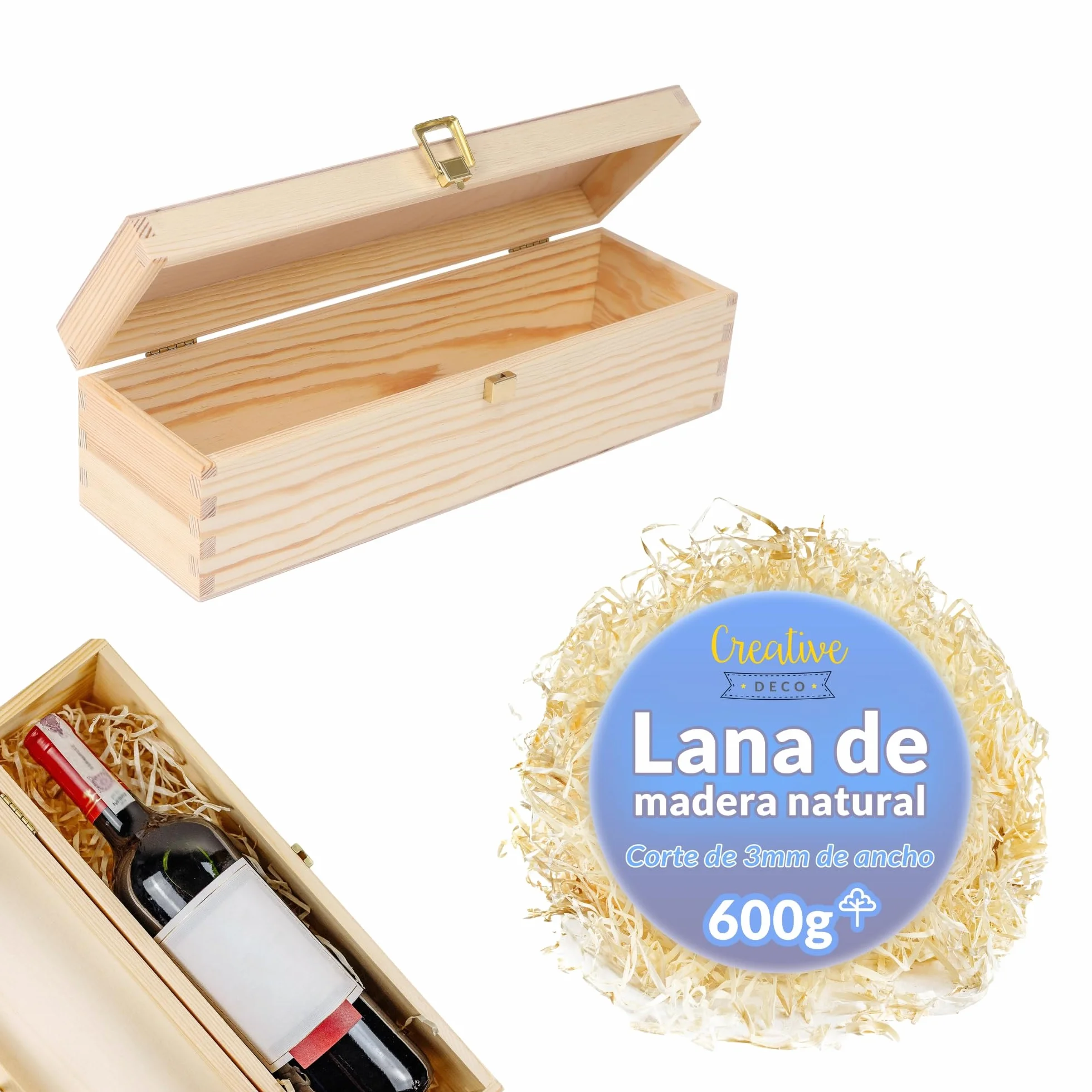 Creative DECO Caja de Madera para Vino con Tapa 36x11x9,8cm (+-1cm) | Cierre + 600 g de Lana de Madera | Pino Natural | para Envolver Regalos, Pascua, Decoración, Almacenamiento y Decoupage