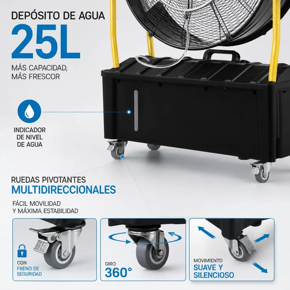 Ventilador Industrial Nebulizador de Pie con Depósito de Agua 25L, Motor 300W, 3 Aspas, 3 Velocidades, Diámetro 65 cm, Flujo 9870 m³/h, Cabezal Orientable, Ruedas Multidireccionales