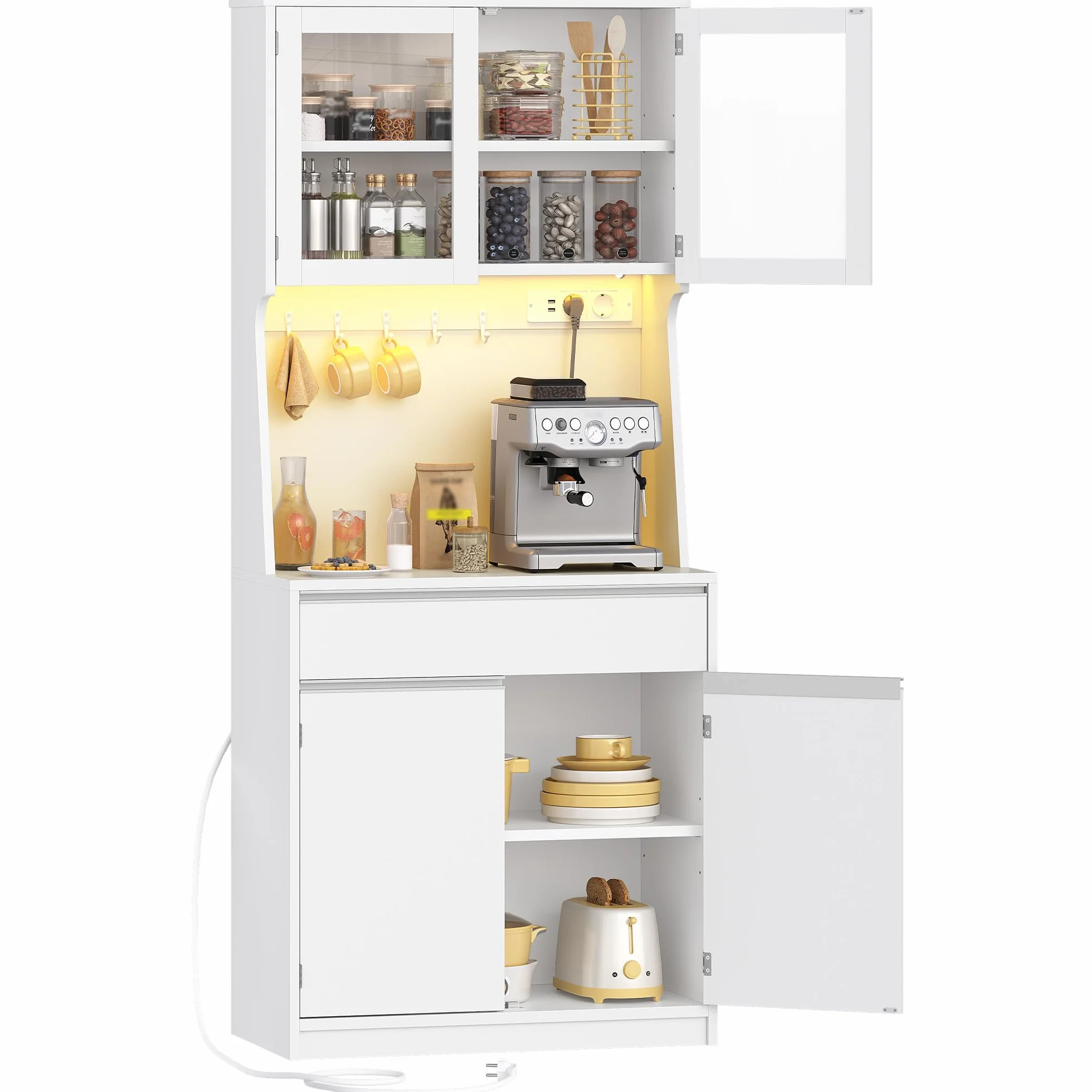 Armario de Cocina con Regleta de Enchufes y Tira de Luz LED, Encimera y 4 Armarios, Estantes Regulables, 40x75x180cm, Blanco