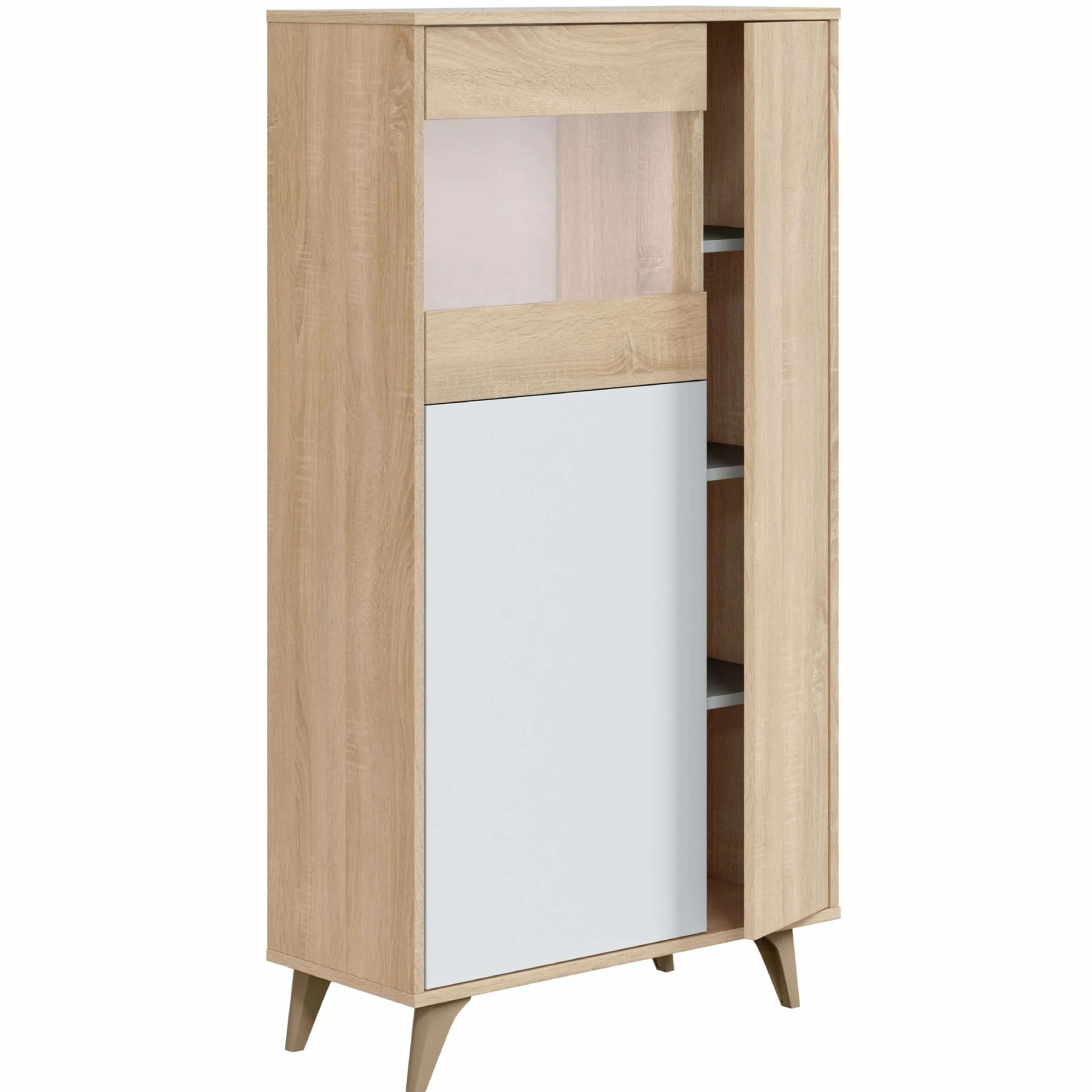 Habitdesign Vitrina con 3 Puertas, Bueffet para salón, Modelo Kikua Plus, Acabado en Blanco Artik y Roble Canadian, Medidas: 77 cm (Ancho) x 142 cm (Alto) x 33 cm (Fondo)