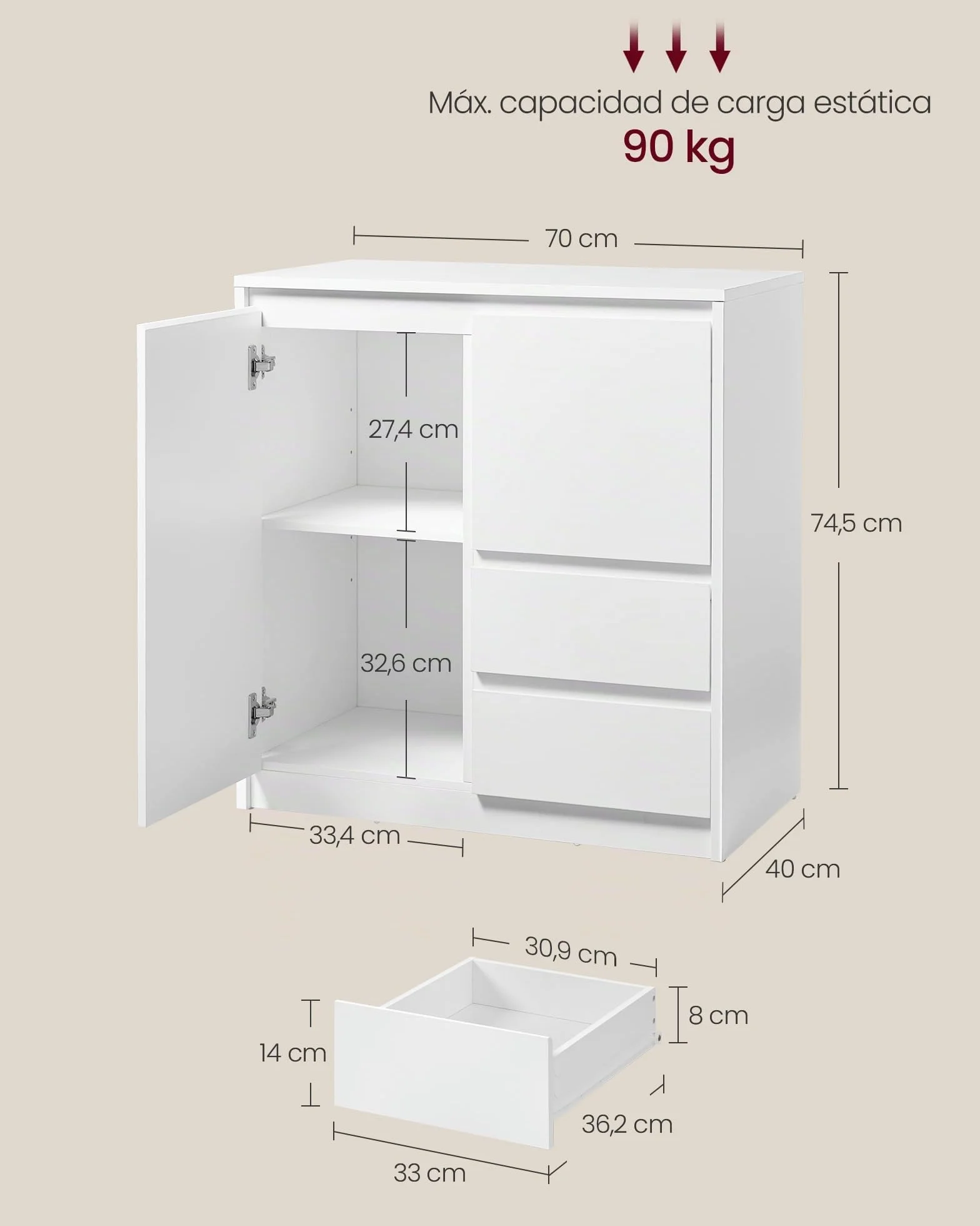 VASAGLE KAILYN Aparador Armario Almacenamiento con Puerta Estante Ajustable 2 Cajones 40 x 70 x 74.5 cm Blanco Nube