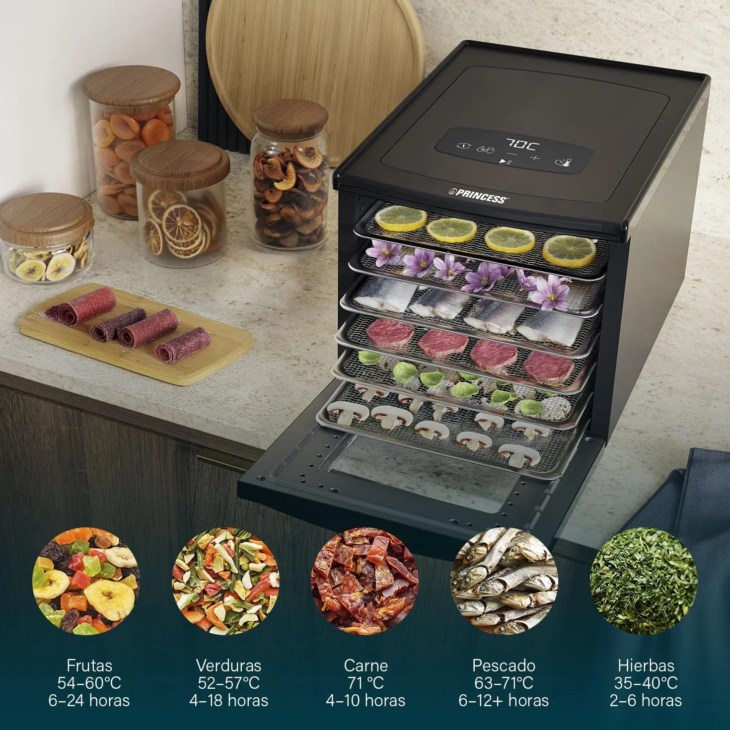 Princess Food Dehydrator con 6 Bandejas de Acero Inoxidable, Temperatura Ajustable, Pantalla Táctil, Temporizador hasta 48 Horas, 550 W, 01.112398.01.001