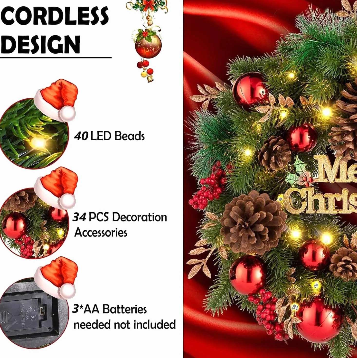 Avoalre 40CM Corona Navidad con Luces 40 Leds, Adorno de Guirnalda de Navidad 8 Modos y Función de Temporización Decoración Navidad para Puerta, Árbol, Pared, Ventana