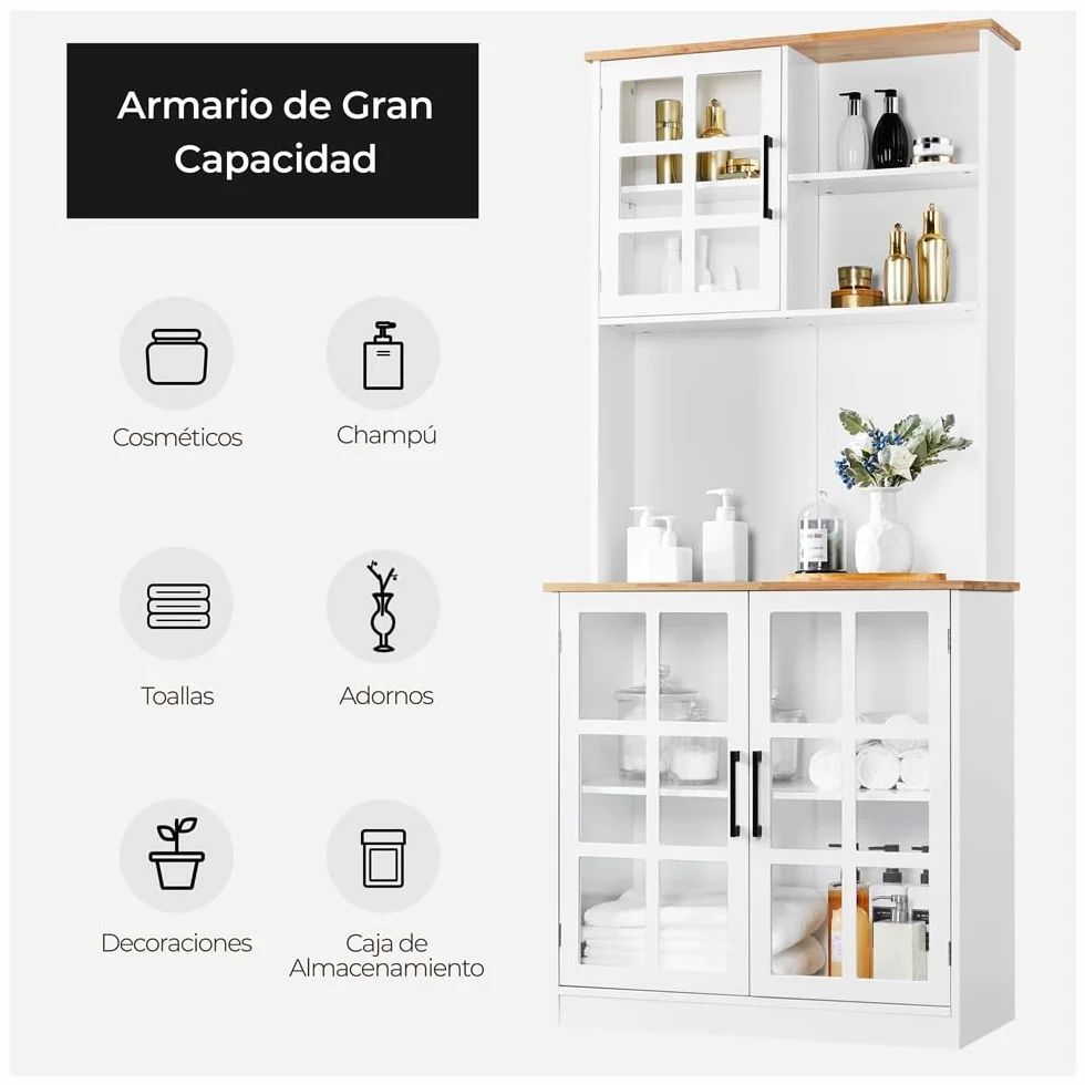 Yaheetech Alacena de Cocina Mueble Buffet Armario con Puertas de Vidrio, Estantes Ajustables 80 x 37 x 183 cm