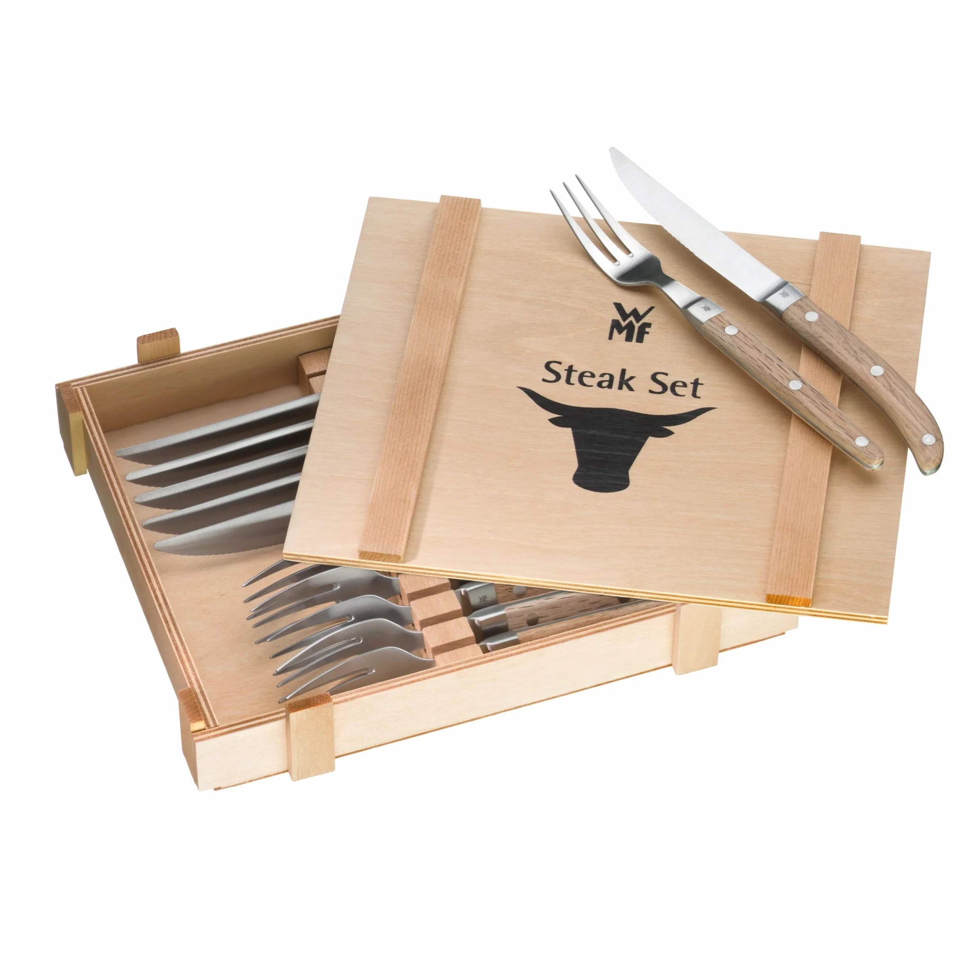 WMF Ranch - Juego de cubiertos para carne de 12 piezas para 6 personas, juego de cuchillos con tenedor, acero especial forjado para la hoja, acero inoxidable Cromargan mate, madera de roble aceitada.
