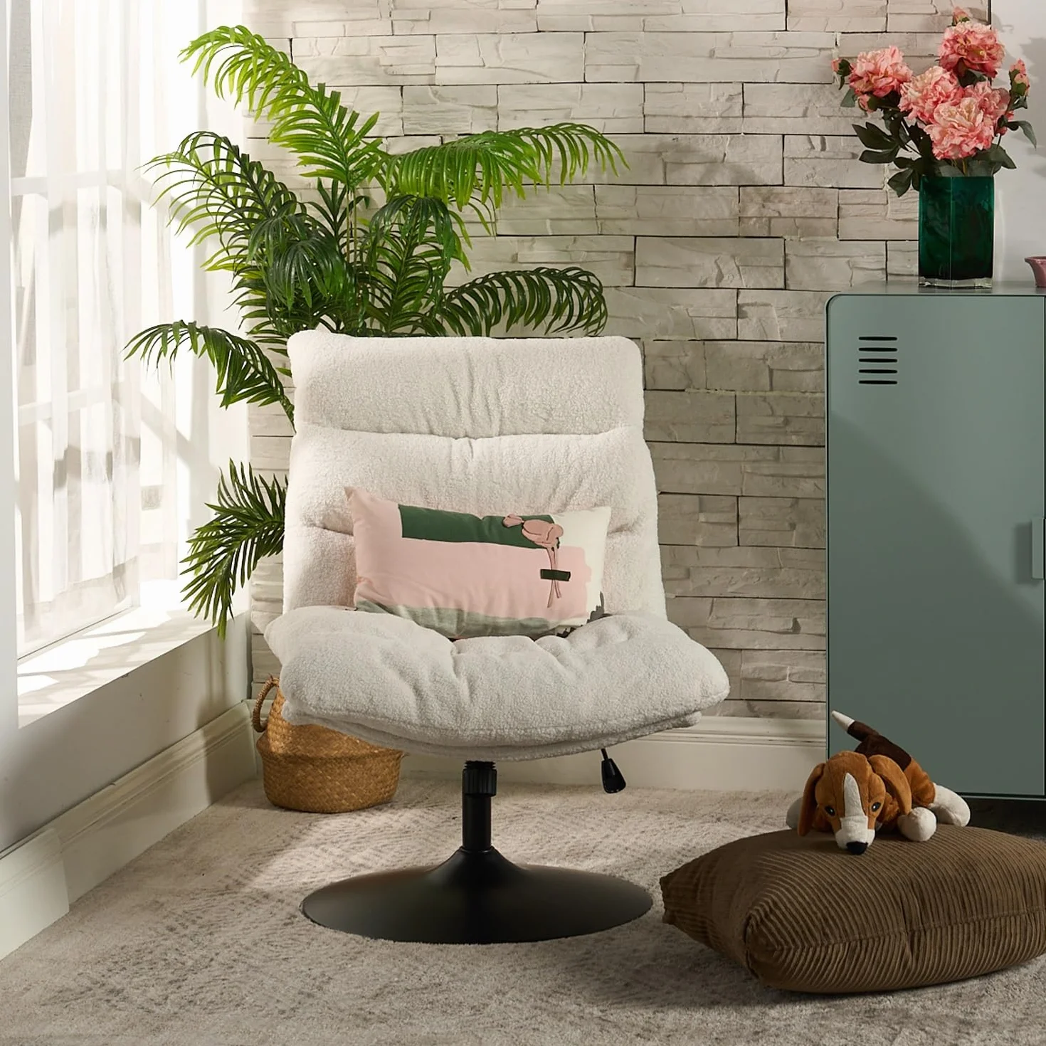 MEUBLE Cosy Sillón Giratoria 360° Butaca de Salón Función de Inclinación con Asiento Grueso Respaldo sin Reposabrazos en Tela de Bucle Blanco