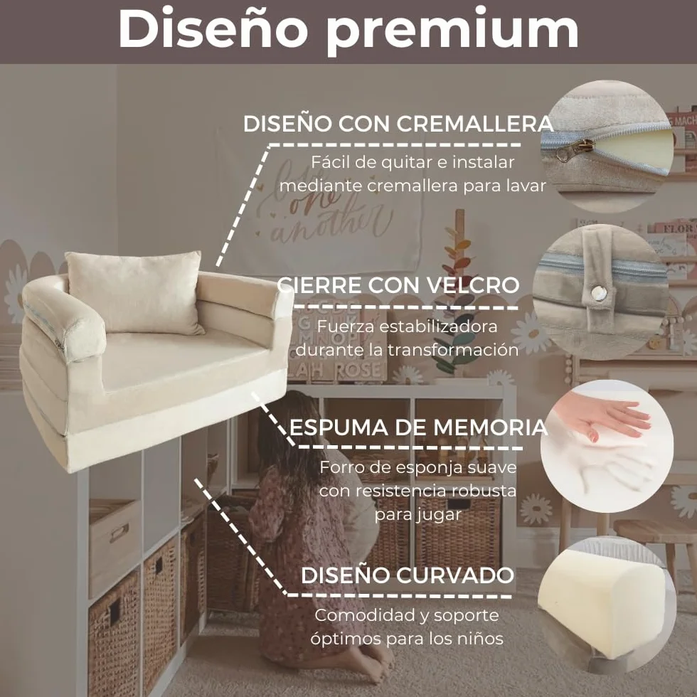 Wonder Space Sofá de espuma premontado para niños con manta y almohada, sofá convertible 3 en 1, silla de salón plegable para interiores y cama plegable para niños y niñas (marfil)