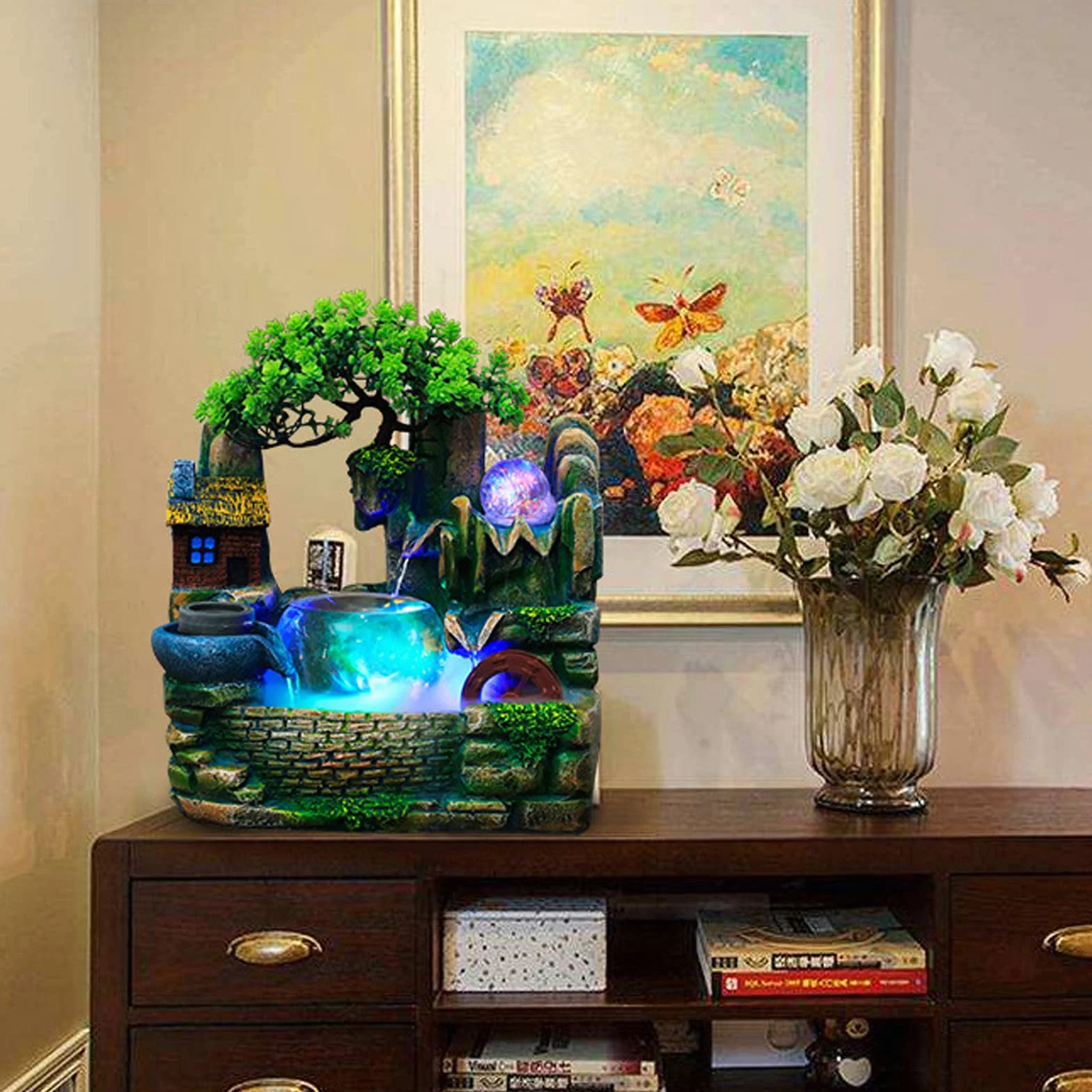 Fuente de habitación, cascada, fuente de mesa con iluminación LED y niebla, fuente interior de habitación, fuente pequeña con plantas, para la colocación en sala de estar oficina