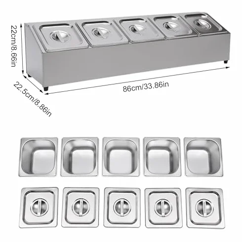 Caja de especias de acero inoxidable, estación de pizza, organizador, dispensador de especias con 6 sartenes y tapas 1/6, recipiente para especias de acero inoxidable, estante para condimentos