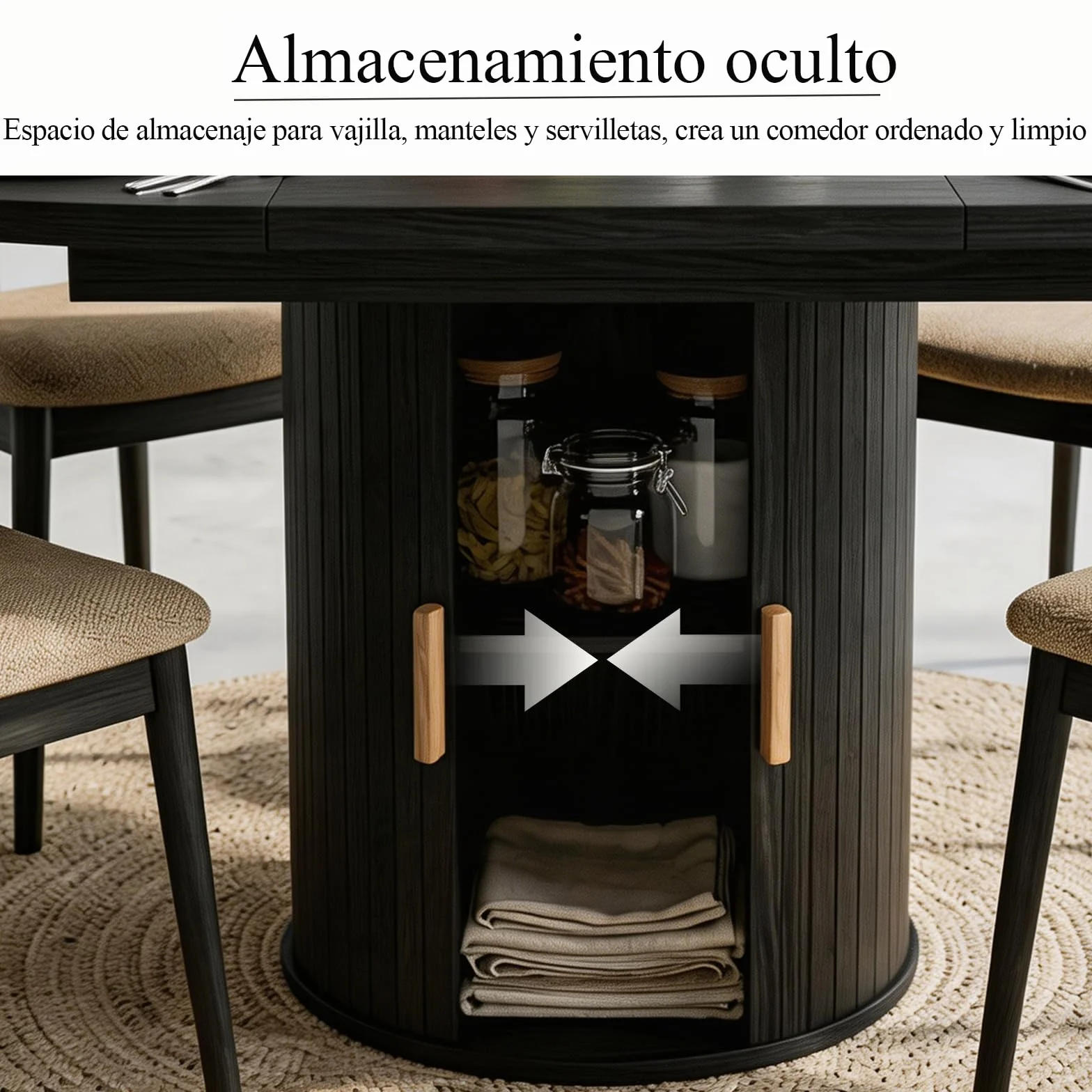 Mesa de comedor redonda extensible - de redonda a ovalada | Mesa de comedor moderna con base cilíndrica, mesa de cocina de madera para 4-6 personas, color negro (solo mesa)