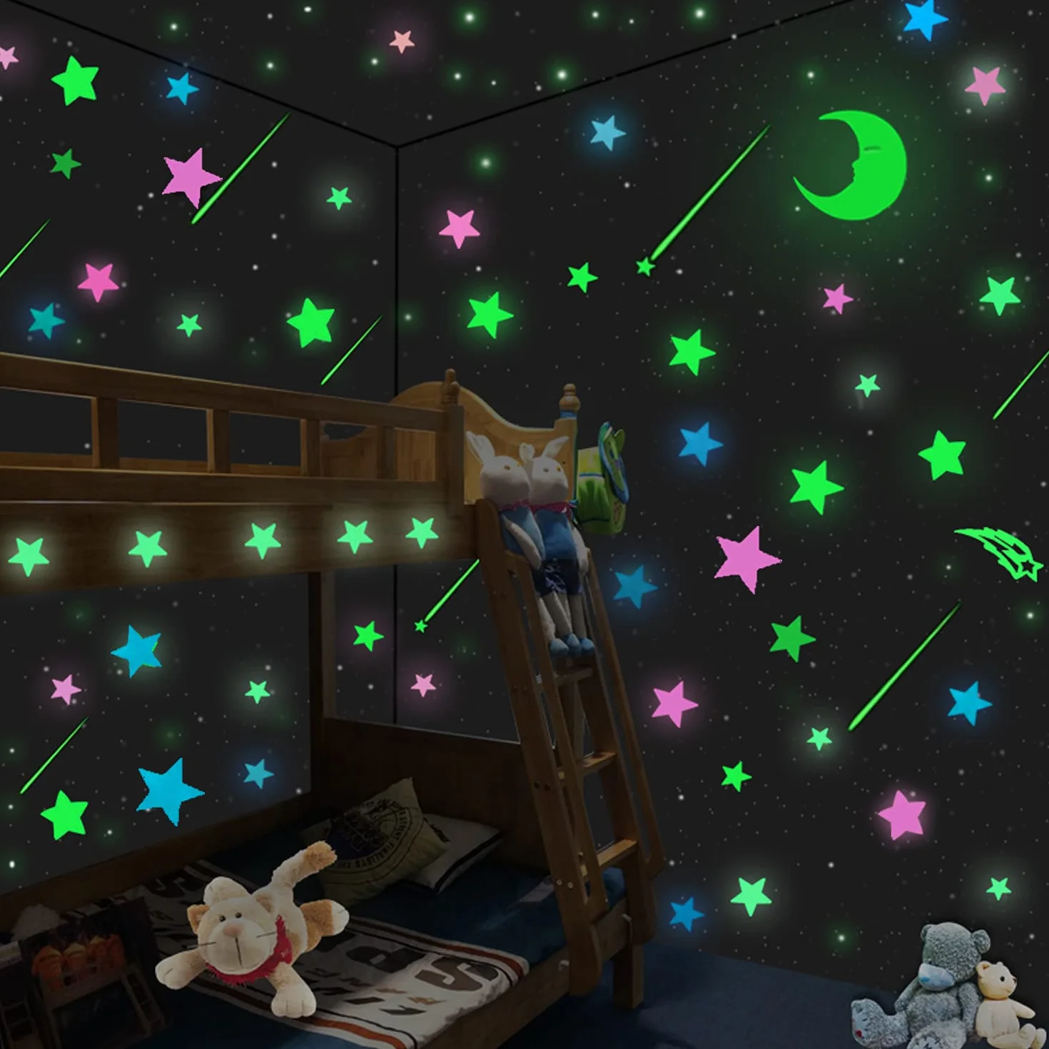 Pegatinas Brillantes Nocturnas 206 Estrellas y Lunas 3D para Pared Decoración Habitación Infantil