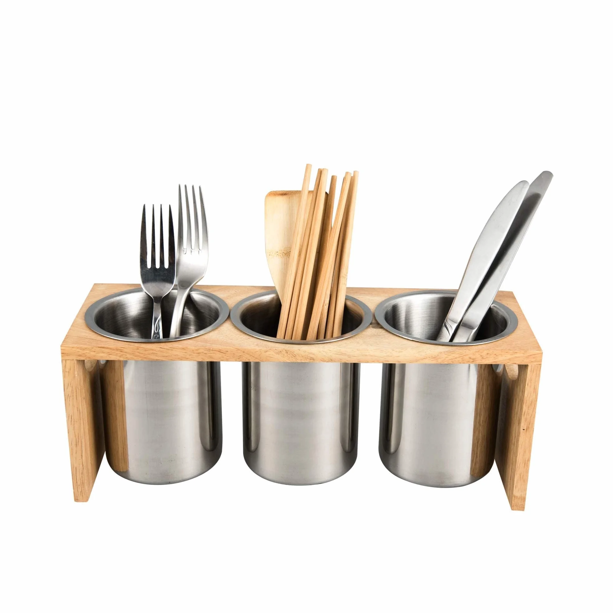 Organizador de cubiertos con base de madera SUS304 de acero inoxidable para encimera de cocina
