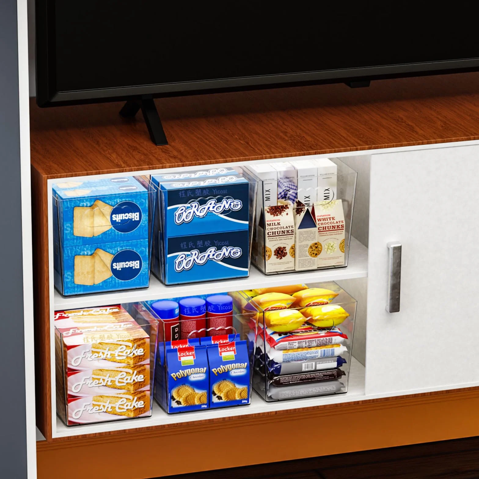 Paquete de 6 contenedores de plástico transparente para organizar, con asa, contenedores organizadores grandes de despensa de 11 pulgadas para estantes, aperitivos, alimentos o suministros de limpieza