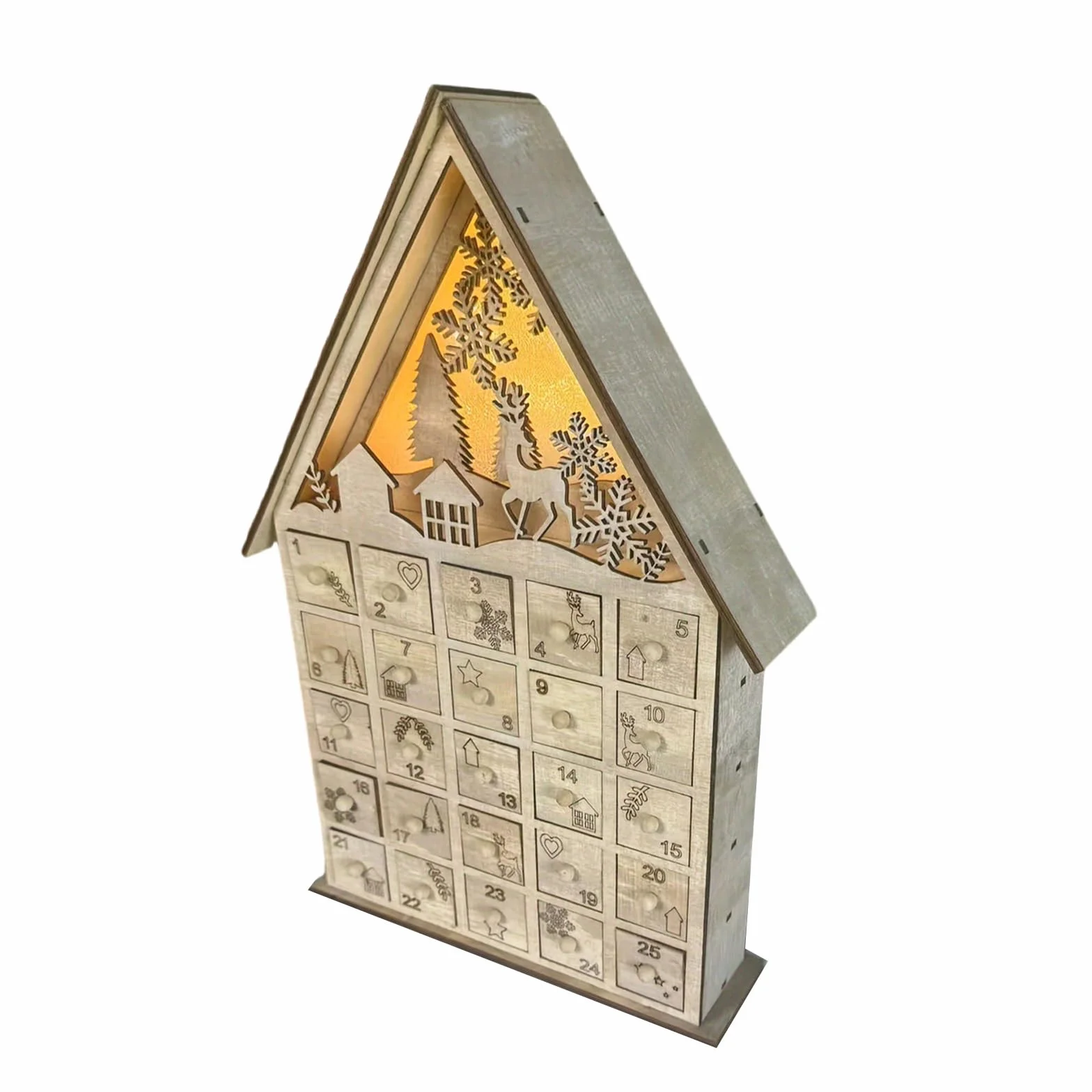 Calendario de madera con cuenta regresiva de árbol de Navidad y casa de renos con luces LED y cajón sorpresa