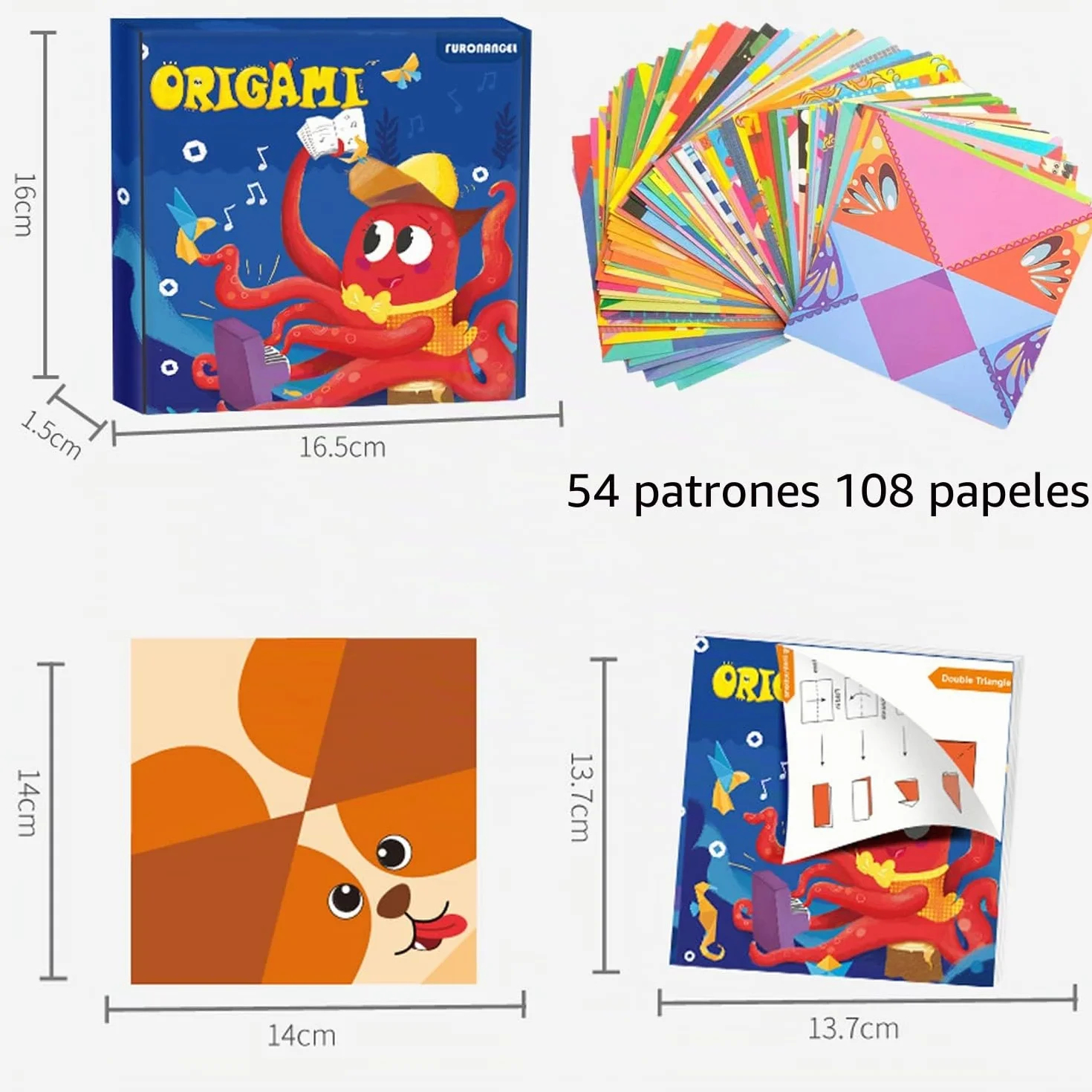 Kit de Origami 108 Hojas 14x14 cm Papel Doble Cara Vívido con Libro en Inglés para Principiantes