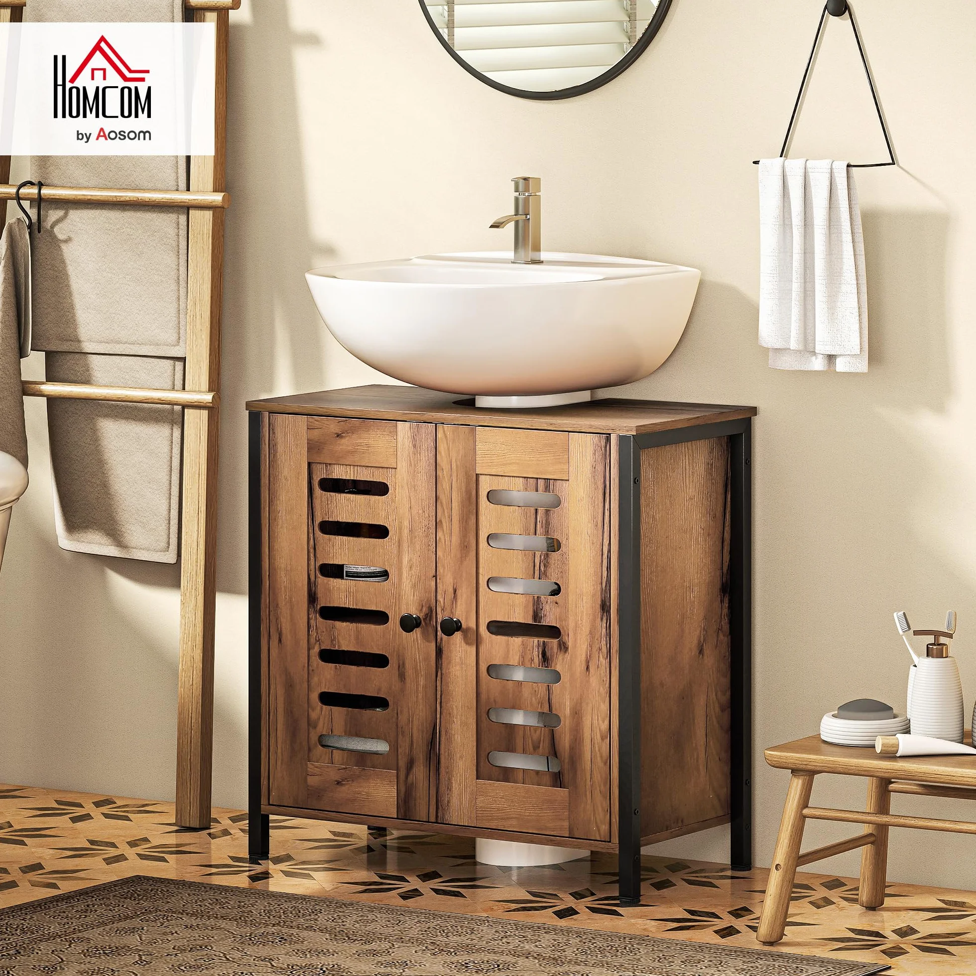 HOMCOM Mueble Bajo Lavabo Industrial con 2 Puertas de Lamas y Cierre Magnético, Estante Regulable, para Lavabos sin Pedestal, Mueble de Baño 60x30x60 cm Marrón Rústico