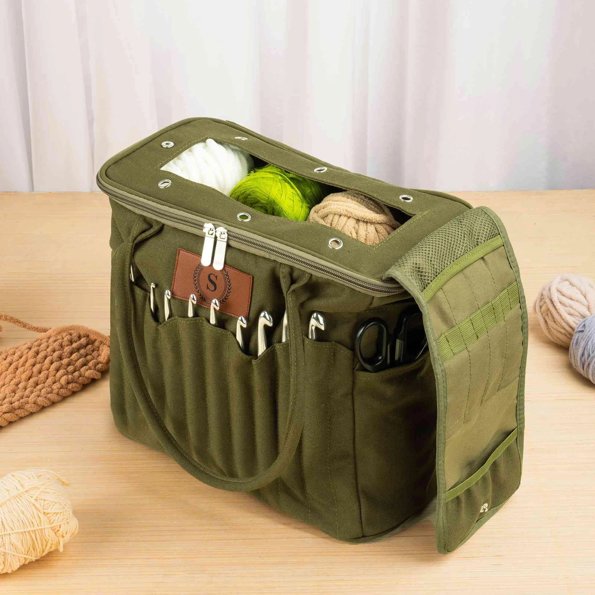 Bolsa de almacenamiento personalizada para tejer para mujer, bolsa de hilo de lona grande, organizador de ganchillo, bolsa de viaje portátil con bolsillos para agujas, estuche de ganchillo, regalo de