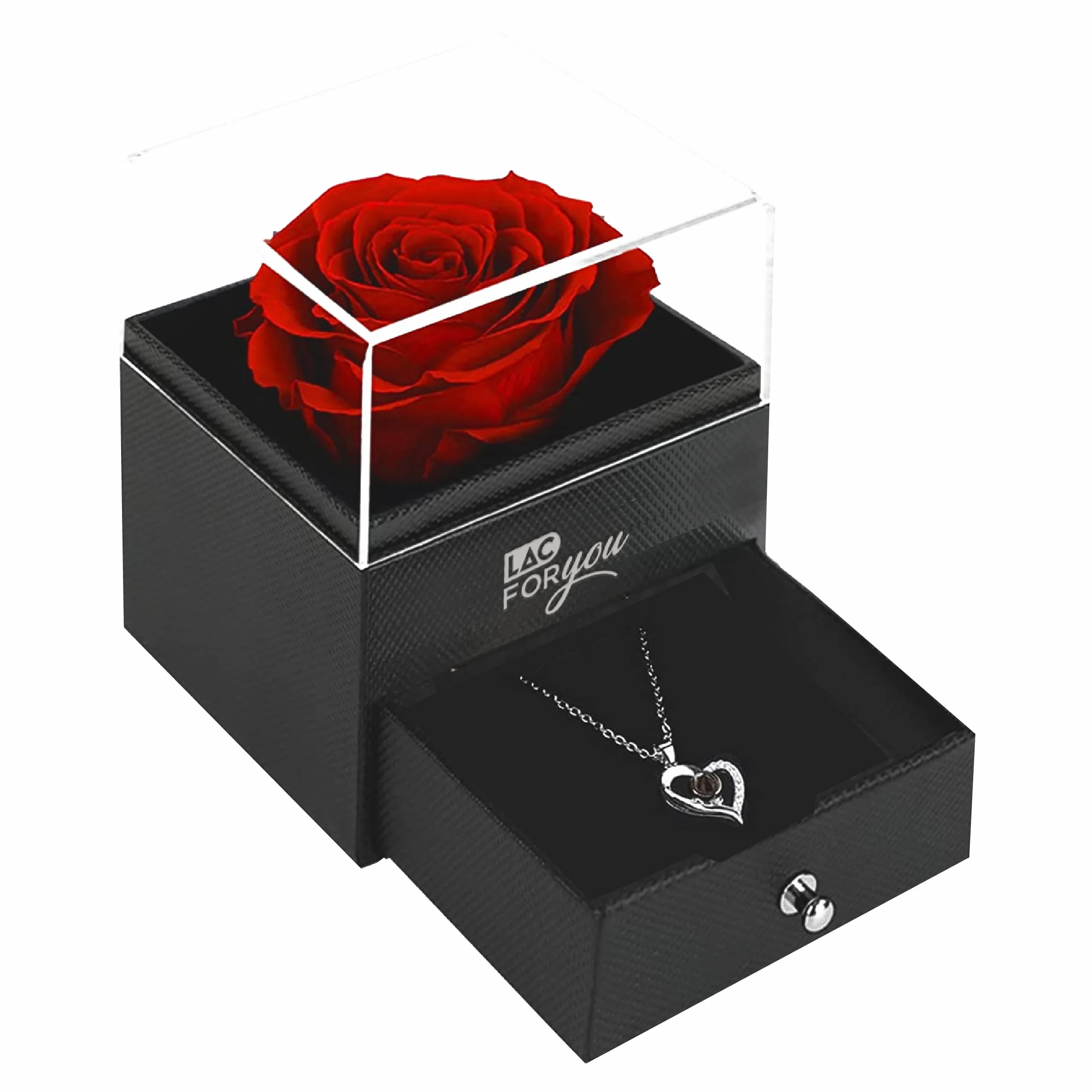 Rosa Eterna Natural Preservada Caja Rosa con Collar Regalo Mujer Novia Aniversario