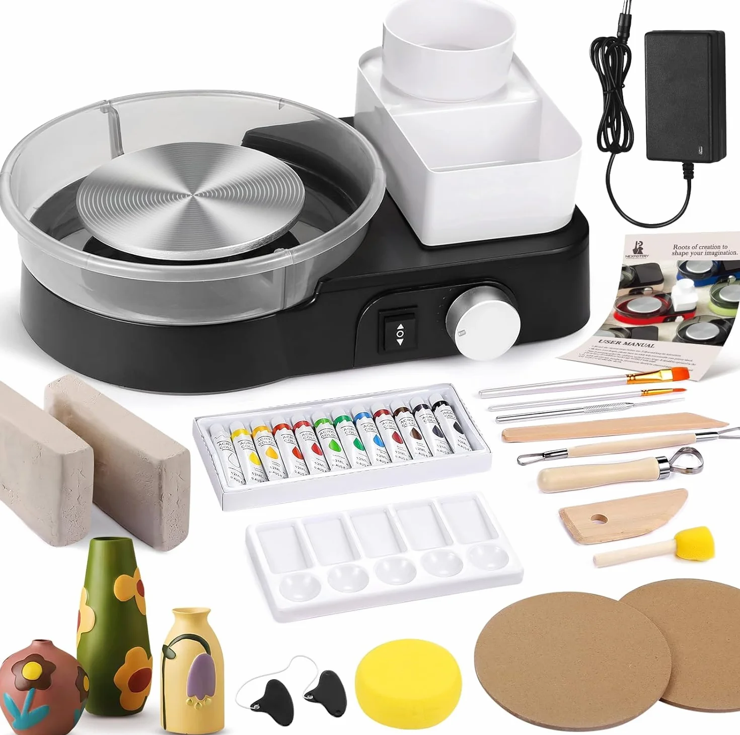 Torno Ceramica Eléctrico para Principiantes y Profesionales – Kit de Ceramica Completo para Casa con 1kg de Arcilla, 0-200 RPM y Accesorios, Máquina de Alfarería para Proyectos DIY