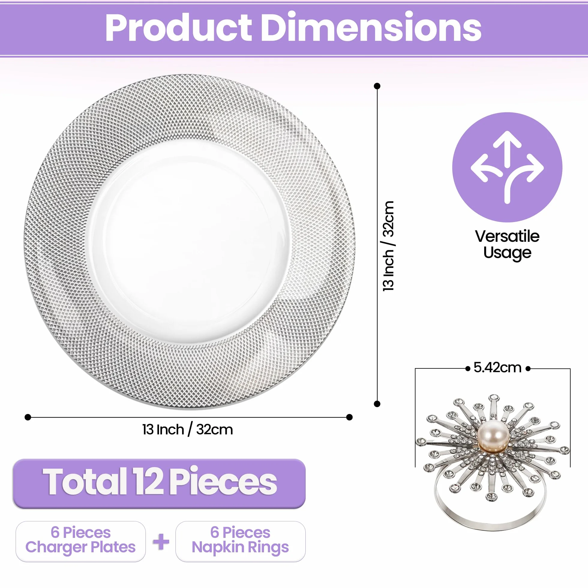 Elegante juego de 12 platos de carga plateados con diseño a cuadros con servilleteros de perlas, cargadores de platos de cristal de 33 cm para bodas, fiestas y eventos especiales, decoración de mesa