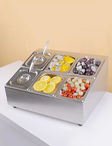 Estación de acero inoxidable para pizzas, ollas calientes y tiendas de frutas con tapa, dispensador de especias desmontable