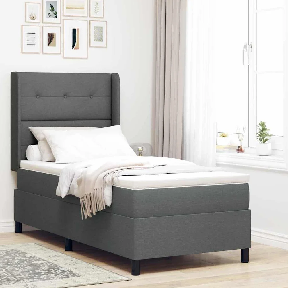 Cama con somier LED gris oscuro con cabecero, 80 x 200 cm, tela, cama de madera maciza con somier y colchón, tiras LED RGB, cabecero ajustable, cama individual compacta para dormitorio