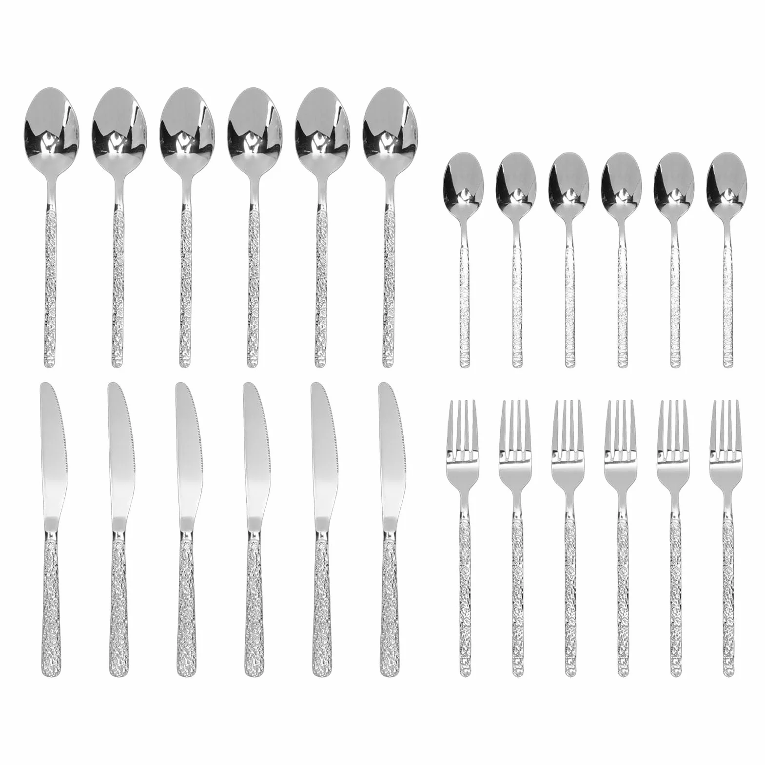 SIXRUN 24 Piezas de Cubiertos de Acero Inoxidable, Juego de Cubiertos Martillados con Acabado Plateado para Cocina, Hogar, Bodas y Comedor (SILVER)
