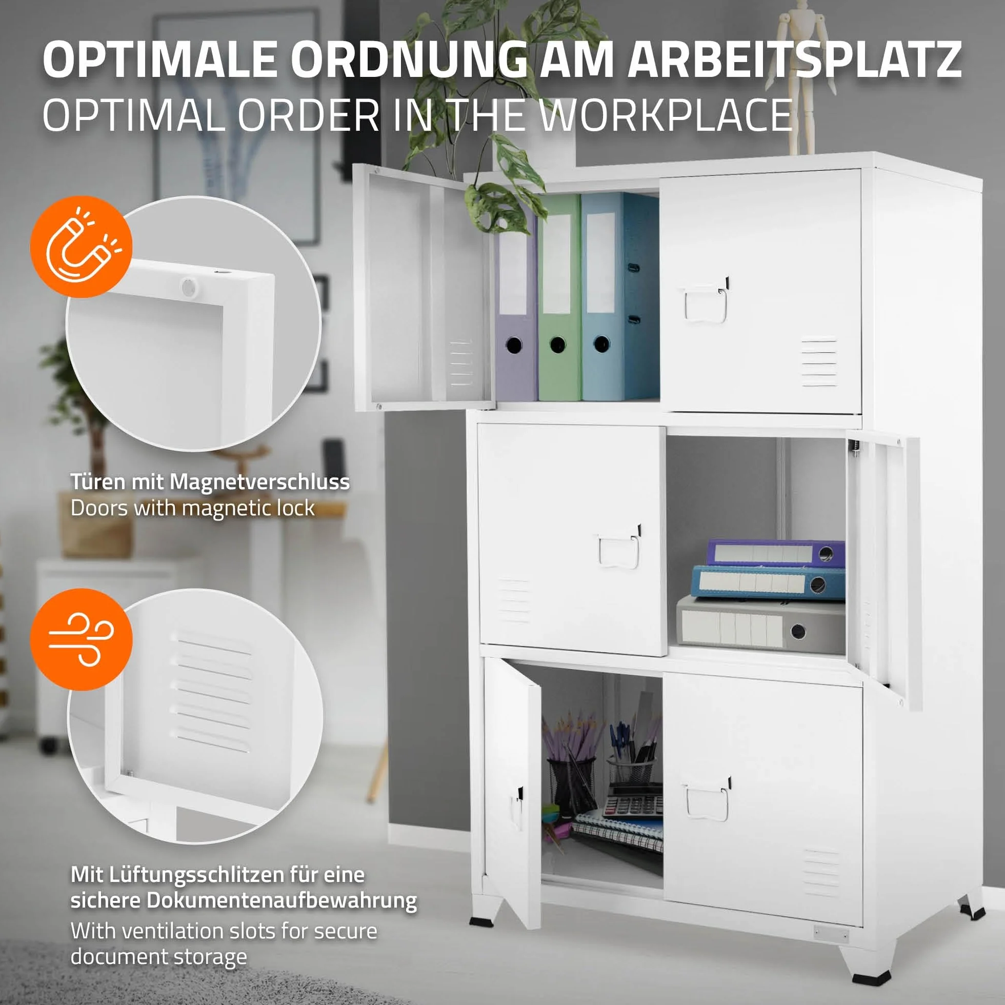ML-Design Archivador de Oficina 75x40x120,5 cm Acero Blanco Armario Independiente con 4 Patas Mesita Auxiliar Metálica con 6 Puertas y 3 Compartimentos Mueble para Almacenamiento Archivo de Documentos