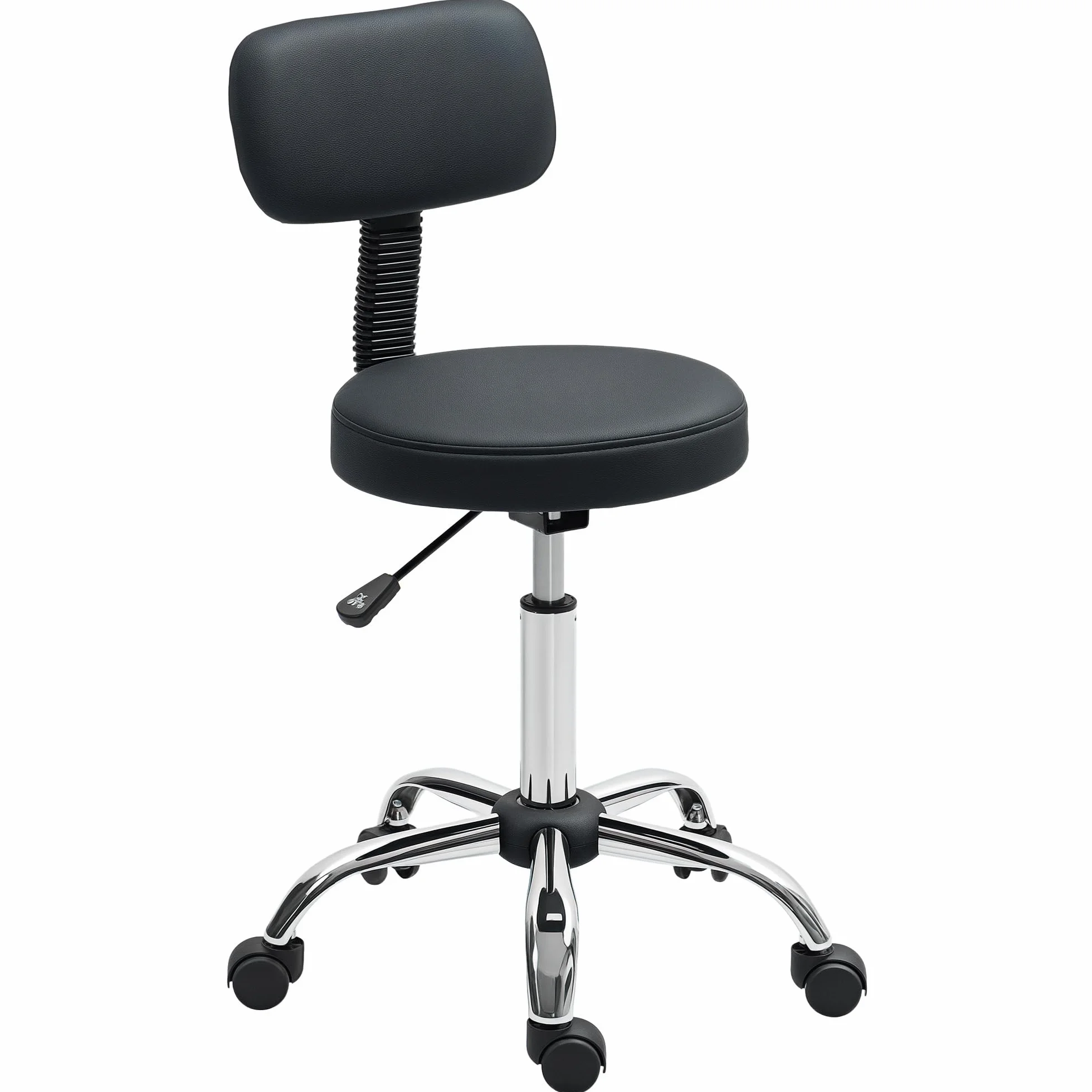 HOMCOM Taburete con Ruedas Giratorio, Taburete de Trabajo con Respaldo Desmontable, Altura Regulable, Tapizado en Cuero Sintético, para Oficina, Dormitorio, Negro